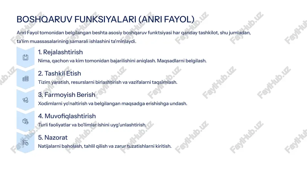 akkahokimlik va jamoatchilikning birligi rahbarning shaxsiy mas'uliyati va jamoaviy hamkorlikning uyg'unligi. axborotlarning ob'yektivligi va to'liqligi to'g'ri va ishonchli ma'lumotlarga asoslanib qarorlar qabul qilish. 7 maktab ichki boshqaruvi vazifalari (tsoikl) ichki boshqaruv sikli doimiy takomillashuvni ta'minlaydigan o'zaro bog'liq besh asosiy vazifadan iborat. pedagogik tahlil kundalik, tizimli va yakuniy natijalarni baholash. rejalashtirish istiqbolli (muddatli), yillik va joriy rejalarni tuzish. tashkil etish pedagogik kengash, majlislar va metodik birlashmalar ishini yo'lga qo'yish. nazorat ichki nazorat turlarini amalga oshirish va jarayonlarni kuzatish. tartibga solish yo'l qo'yilgan xato va kamchiliklarni o'rganish hamda tuzatish kiritish. 8 ta'lim muassasasini boshqaruv organlari ta'lim muassasasida boshqaruv bir nechta o'zaro bog'liq tuzilmalar orqali amalga oshiriladi, bu esa qarorlar qabul qilishda jamoaviy yondashuvni ta'minlaydi. direktor maktab boshqaruvining yuqori rahbari pedagogik kengash ta'lim va strategik nazorat metodik kengash o'qitish uslublarini rivojlantirish o'rinbosarlar & qo'mita o'quv, ma'naviyat, ma'muriy va ota-ona pedagogik kengash: oliy boshqaruv organi, strategik qarorlarni tasdiqlaydi. metodik kengash: o'quv jarayoniga, metodik rahbarlik …