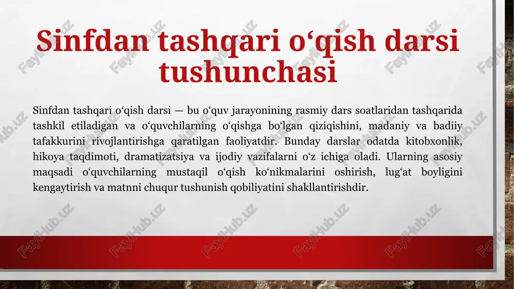 qib, muhim so‘zlarni aniqlaydi va tushuntiradi, so‘ng o‘quvchilarga savollar orqali asosiy g‘oya va tafsilotlarni aniqlash imkonini beradi. tushunishni tekshirish uchun ochiq va yopiq savollar, asosiy g‘oya va sabab-oqibat munosabatlarini topish kabi topshiriqlar beriladi. ushbu jarayonda o‘qituvchi qo‘llab-quvvatlovchi fikrlar va izohlar bilan yo‘naltiradi. matn bilan ishlash va lug‘atni boyitish matn bilan ishlash bosqichida o‘quvchilar yangi so‘z va iboralarni kontekstda aniqlab, lug‘at kartochkalari orqali mustahkamlashadi. lug‘at ishlari so‘zlarning sinonim, antonim va misolini topish, hamda so‘zlarni o‘z jumlalarida ishlatish orqali amalga oshiriladi. bundan tashqari, matnning qahramonlari, voqealar ketma-ketligi va asosiy muammolarini tahlil qilish uchun grafik organizerlar va vaqt chizmalaridan foydalanish mumkin. bu jarayon o‘quvchilarning analitik ko‘nikmalarini rivojlantiradi va matnni chuqurroq anglashga yordam beradi. ijodiy vazifalar va amaliy mashg‘ulotlar ijodiy bosqichda o‘quvchilarga matn asosida dramatizatsiya, rasm chizish yoki qisqa esse yozish kabi topshiriqlar beriladi. bu faoliyatlar bolalarning fantaziyasini rag‘batlantiradi va o‘qilgan matnni turli formatlarda ifodalashga imkon yaratadi. masalan, guruhlar hikoyaning muayyan sahnasini sahnalashtirib, rolli …