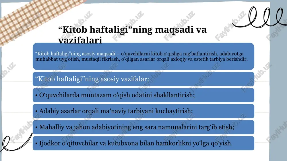 vda 10-15 yoshdagi o'quvchilar qatnashishi mumkin bo'lib, ular o'z mavzulariga mos kitoblarni tanlab taqdimot qilishadi. hakamlardan iborat komissiya esa kitobning mazmuni, taqdimoti va o'quvchining tushunish darajasini baholaydi. g'oliblar esa esdalik sovg'alar bilan taqdirlanadilar. ... t.me/slaydai_bot sinfdan tashqari oʻqish darslarida "kitob haftaligi" tashkil etish davomida badiiy asarlarni sahnalashtirish mazkur darslarning qiziqarli va ijodiy boʻlishiga yordam beradi. haftalikda turli badiiy asarlar tanlanib, ular asosida qisqa teatrlashtirilgan sahnalar tayyorlanadi. har bir sinf turli asarlarni ijro etishga jalb qilinadi, bu orqali bolalarda ijodkorlik, jamoaviy ishlash va mahorat rivojlantiriladi. ushbu tadbirning maqsadi o'quvchilarning kitobga bo'lgan qiziqishini oshirish, ularning tasavvur doirasini kengaytirishdir. kitob haftaligida o'quvchilar tomonidan ijro etilgan asarlar ko'rib chiqilib, eng yaxshi ijrolar mukofotlanadi. sinfdan tashqari oʻqish darslarida “kitob haftaligi” tashkil etish egamberdiyeva nafosat e'tiboringiz uchun rahmat! image1.png image2.png image3.png image4.png image5.jpg image6.jpg /docprops/thumbnail.jpeg
