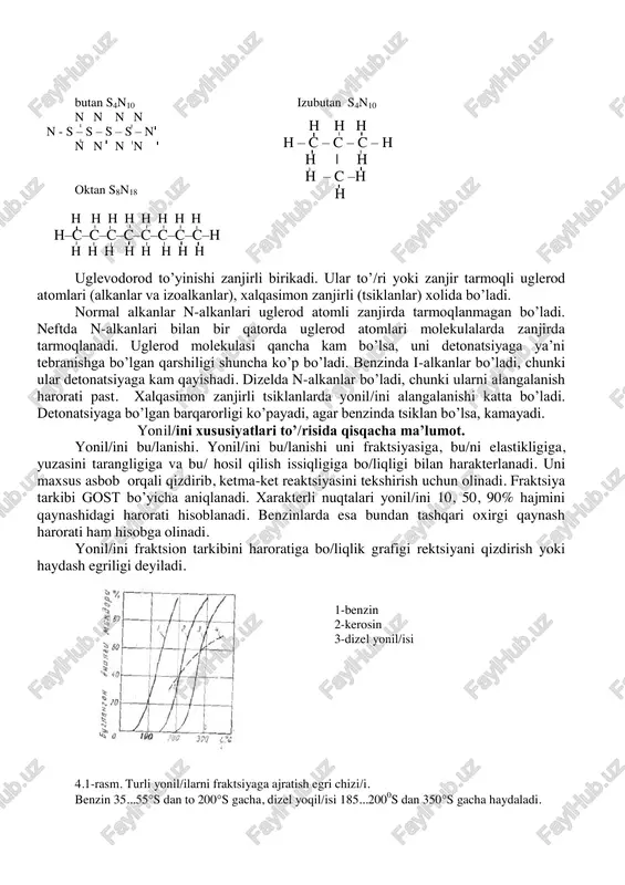 /ilarni tarkibi hajmda yoki molda o’lchanadi. 1m 3 yoki 1 mol gaz yonil/isi uchun snhmorqn2q1 avtomobil dvigatellarida suyultirilgan gaz yoki siqilgan gazlar ishlatiladi. siqilgan gazlar asosan metan, erkin vodorod, uglerod oksidi (so) va ma’lum miqdorda yonmaydigan inert gazlardan (azot, karbonat angidrid -so2, kislorod va boshqalar) tashkil topgan bo’ladi. normal haroratda gazlar 20 mpa gacha siqiladi va suyuq holga o’tmaydi. siqiladigan gazlar yuqori yonish issiqligiga (nuq23...7,5 mdj/m 3 ) va o’rtacha yonish issiqligiga (nuq14,5...23 mdj/m 3 ) ega bo’ladi. yuqori issiqlikda yonadigan gazlar: tabiiy, neftli, kanalizatsiya gazlari hamda metan fraktsiyalari koks gaz. o’rtacha qiymatligiga: koksli shahar va sanoatni ba’zi bir turli gazlari. suyultirilgan gazlar: propan, butan va uni izomeridan, ma’lum miqdorda etan va kam miqdorda pentandan iborat. tq15 0 c va rvq1,6 mpa siqilgan gaz ishlatilganda ballondan issituvchi va reduktor orqlai bosimi 0,1 mpa gacha tushuriladi. butan s4n10 izubutan s4n10 n n n n n - s – s – s …