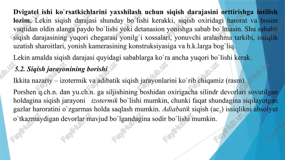 a qaraganda odatda kichikroq bo`ladi, chunki yonilg`i-havo aralashmasi siqilganda yonilg`i bug`lanadi, bug`lanishda esa issiqlik yutiladi. bundan tashqari, yonilg`i bug`larining mavjudligi aralashma issiqlik sig`imini orttiradi. bu ikkala omil n1 qiymatini pasaytiradi. politropa ko`rsatkichi n1 qiymati o`rnatilgandan so`ng, siqish oxirida ishchi jism parametrlari holatning politropik o`zgarishlari tenglamalaridan aniqlanadi: bunda siqish oxiridagi bosim siqish oxiridagi harorat zamonaviy avtomobil va traktor dvigatellarida siqish oxirida bosim va harorat quyidagi oraliqlarda bo`ladi: elektron purkaladigan dvigatellarda ................................... pc = 1,0...2,5 mpa; benzinli dvigatellarda …….................................................. pc = 0,9...2,0 mpa; tc = 600...800 k; nadduvsiz tezyurar dizellarda ........................................... pc = 3,5...5,50 mpa; tc = 700...900 k; nadduvli va porsheni sovitiladigan dizellarda ............................................................................. pc = 5,5...9,0 mpa; (va ko`proq) tc = 700...1100 k. image1.jpeg image2.png image3.png image4.png image5.png image6.png image7.wmf image8.wmf image9.wmf image10.wmf image11.wmf oleobject5.bin oleobject1.bin oleobject2.bin oleobject3.bin oleobject4.bin image12.wmf image13.wmf oleobject6.bin oleobject7.bin ( ) c t t v mc 0 ' ( ) c a t t v mc …