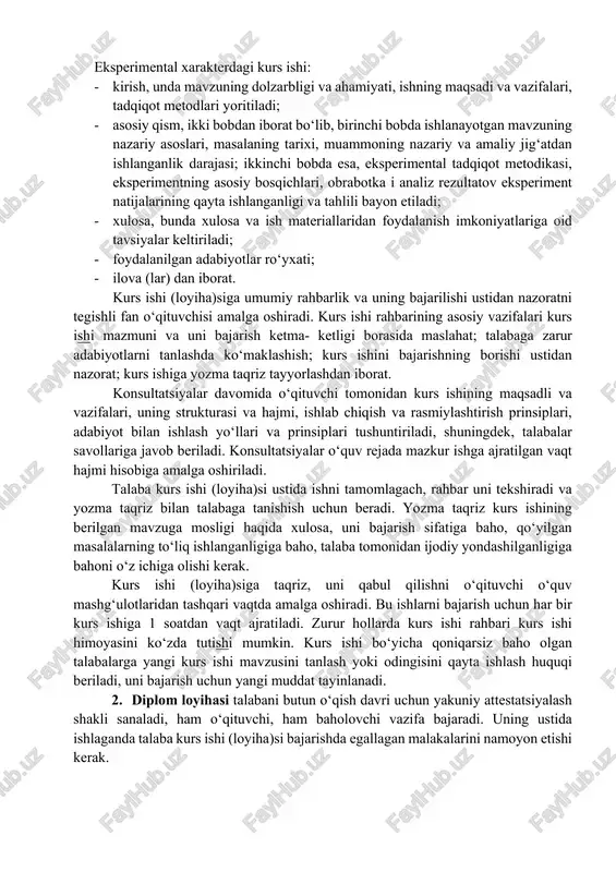 alanilgan adabiyotlar ro‘yxati; - ilova (lar). amaliy xarakterdagi kurs ishi tuzilishi quyidagilardan iborat bo‘ladi: - kirish, unda mavzuning dolzarbligi va ahamiyati, ishning maqsadi va vazifalari, tadqiqot metodlari yoritiladi; - asosiy qism, u ikki bobdan iborat bo‘lib, birinchi bobda ishlanayotgan mavzuning nazariy asoslari; ikkinchisida o‘rganilayotgan muammoning amaliyotdagi holati grafik, jadval, sxema ko‘rinishida taqdim etilgan statistik ma’lumotlar tahlili tahlili va amaliy tajriba, vaziyatning bevosita tasviri vositasida yoritiladi; - xulosa, bunda xulosa va ish materiallaridan foydalanish imkoniyatlariga oid tavsiyalar keltiriladi; - foydalanilgan adabiyotlar ro‘yxati; - ilova (lar). eksperimental xarakterdagi kurs ishi: - kirish, unda mavzuning dolzarbligi va ahamiyati, ishning maqsadi va vazifalari, tadqiqot metodlari yoritiladi; - asosiy qism, ikki bobdan iborat bo‘lib, birinchi bobda ishlanayotgan mavzuning nazariy asoslari, masalaning tarixi, muammoning nazariy va amaliy jig‘atdan ishlanganlik darajasi; ikkinchi bobda esa, eksperimental tadqiqot metodikasi, eksperimentning asosiy bosqichlari, obrabotka i analiz rezultatov eksperiment natijalarining qayta ishlanganligi va tahlili bayon etiladi; - xulosa, bunda xulosa va …