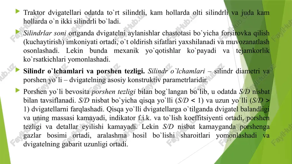 ni konstruktiv shakllantirishda qarshiliklari kamaytirish va gaz taqsimlash fazalarini kengaytirish hisobiga q o l d i q g a z l a r b o s i m i pr ni valning nominal aylanishlar chastotasi rejimida: benzinli dvigatel uchun prn = 1,18p0 = 1,18  0,1 = 0,118 mpa; yonilg`i purkaladigan dvigatel uchun prn = 0,110 mpa deb qabul qilamiz. u holda dvigatel ishining boshqa rejimlari uchun qoldiq gazlar bosimini quyidagi f ormula bo`yicha hisoblash mumkin: kiritish jarayon. ya n g i z a r ya d q i z i sh i h a r o r a t i. nominal tezlik rejimlarida dvigatellarning yangi zaryad bilan yaxshi to`lishini ta`minlash maqsadida benzinli dvigatel uchun tn = 8 0s va yonilg`i purkaladigan dvigatel uchun tn = 6 0s qabul qilishadi. u holda qolgan rejimlar uchun t qiymatlari quyidagi formula bo`yicha hisoblanadi q o l d i q g a z …