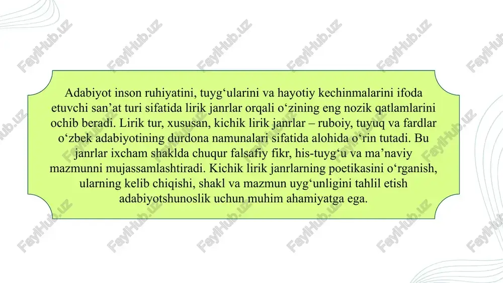 shini bildiradi. bu falsafiy mushohada hayotning o‘tkinchiligi, insoniy kibrning behudaligi haqida ogohlantiradi. ruboiy ixcham shaklda yaratilgan bo‘lsa-da, chuqur ma’naviy mazmun va o‘ziga xos dramatizmni mujassam etgan. shoirning ustalik bilan yaratgan badiiy kontrasti – “kulol” (yaratuvchi) va “loy” (yaratilgan) o‘rtasidagi munosabat orqali hayot aylanasini falsafiy tarzda yoritadi. ruboiy janrining kelib chiqishi, tuzilishi va badiiy xususiyatlari ruboiy to‘rt misrali, ko‘pincha “aaba” qofiyali she’r bo‘lib, unda inson hayoti, muhabbat, vaqt va falsafiy mushohadalar mujassam bo‘ladi. uning eng mashhur namunalaridan biri umar xayyom ijodiga mansub: tuyuq janrining o‘ziga xosligi, mazmuniy teranligi va so‘z o‘yini poetikasi tuyuq — turkiy xalqlar adabiyotiga xos bo‘lgan, asosan to‘rt misradan iborat lirik janrdir. uning asosiy xususiyati so‘z o‘yini, ya’ni tajnisli qofiya orqali ma’nodagi nozik o‘zgarishlarni ifodalashidadir. tuyuqning mazmuni ko‘pincha muhabbat, sadoqat, hayotning o‘tkinchiligi va insoniy tuyg‘ularga bag‘ishlanadi. har bir misra qisqa, ammo teran ma’no bilan boyitilgan bo‘ladi. bu janrda alisher navoiy, sakkokiy, lutfiy, bobur singari shoirlar o‘z ijod namunalarini …
