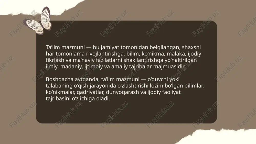 hish, ijodkorlik), raqamli savodxonlik, kommunikatsiya va hamkorlik ko'nikmalari. o'quv dasturlari stem/steam, loyiha asosidagi va interfaol metodlarga o'tmoqda. o'qituvchilarni doimiy kasbiy rivojlantirish, baholashni formativ va kompetensiyalarga asoslash, individualizatsiya va mashg'ulotlarni ish bozori talablariga moslashtirish muhim. hayotiy va mehnat bozori ko'nikmalarini shakllantirishga urg'u beriladi. ... t.me/slaydai_bot o'qituvchilarning professional rivojlanishi: doimiy malaka oshirish kurslari, mentorlik, kasbiy hamjamiyatlar, ilmiy-amaliy tadqiqotlar va reflektiv amaliyot orqali amalga oshiriladi. mazmun yangilanishi: o'quv dasturlari kompetensiyalarga yo'naltirilgan, raqamli ko'nikmalar, inklyuziv ta'lim, baholash vositalarining moslashuvi va real dunyo vazifalari asosida yangilanadi. siyosat va me'yorlar doimiy baholash va 3-5 yillik qayta ko'rib chiqish sikllari bilan qo'llab-quvvatlanadi. ta'lim mazmuni. uzluksiz ta'lim tendensiyalari haqida tushuncha. xudoyorova sevara e'tiboringiz uchun raxmat! image1.png image2.png image3.png /docprops/thumbnail.jpeg