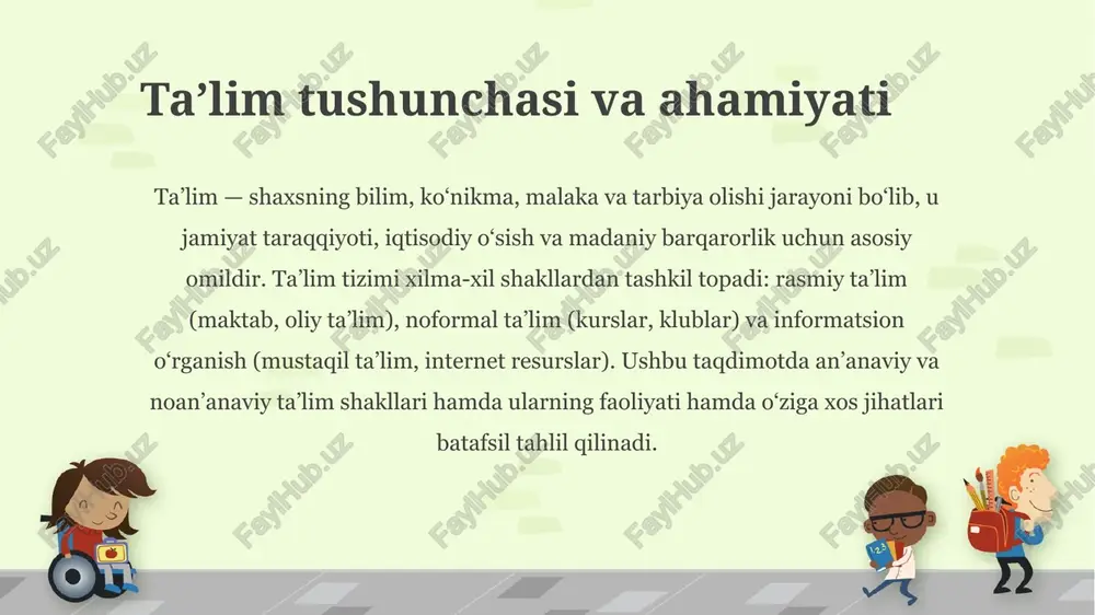 larni shakllantirishga yo‘naltirilgan. noan’anaviy ta’lim: masofaviy va onlayn o‘qitish onlayn va masofaviy ta’lim texnologiyalar yordamida geografik to‘siqlarni bartaraf etadi, o‘rganish uchun moslashuvchan grafik va turli multimediya resurslarini taklif qiladi. bu format o‘quvchiga o‘z sur’atida bilim olish imkonini beradi, interaktiv materiallar va avtomatlashtirilgan baholash vositalari orqali o‘rganish jarayonini qulaylashtiradi. ammo bu shaklda o‘z-o‘zini tartibga solish qobiliyati va raqamli resurslarga kirish muhim ahamiyat kasb etadi. ularning faoliyati pedagogik yondashuvlar va metodlar an’anaviy va noan’anaviy shakllarning pedagogik yondashuvlari farq qiladi: an’anaviy pedagogika strukturali va o‘qituvchi markazli bo‘lsa, noan’anaviy yondashuvlar konstruktivizm, problemdan o‘rganish va loyihaga yo‘naltirilgan metodlarni qo‘llaydi. har bir yondashuv o‘quv maqsadlari va auditoriya xususiyatlariga qarab moslashtirilishi kerak. samarali ta’lim uchun didaktik usullar, baholash vositalari va o‘qitish resurslari uyg‘unligi muhimdir. ularning faoliyati baholash va natijalarni o‘lchash an’anaviy tizimda baholash testlar, imtihonlar va sertifikatlar orqali standartlashtirilgan holda amalga oshiriladi. noan’anaviy ta’limda esa baholash ko‘proq portfel, loyiha natijalari, ochiq baholash va mentorlik fikri asosida olib …