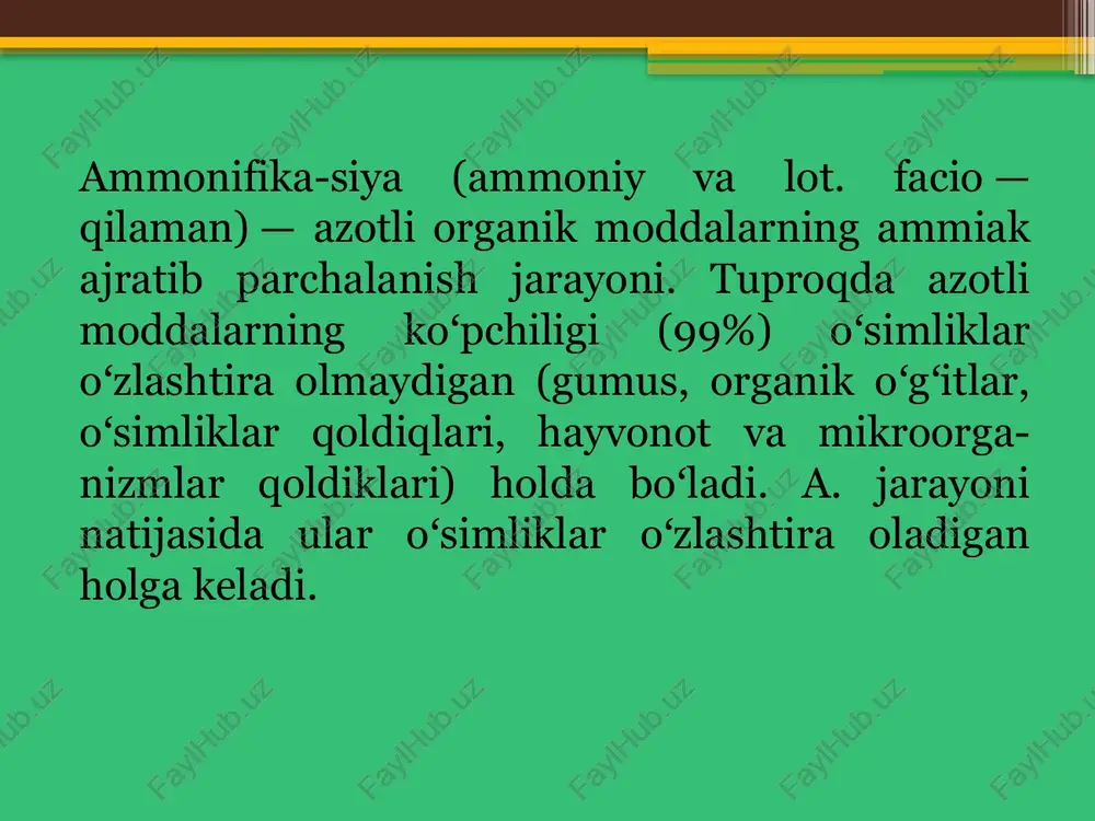 ⁻ → no₃⁻ ga aylanadi. denitrifikatsiya – no₃⁻ yana n₂ gaziga aylanib, atmosferaga chiqadi. 17 18 n2 tibbiyotda suyuq azot ammiak sintezi o'g'it ishlab chiqarish azot kislota sintezi inert muhitni yaratish 19 20 dars uchun rahmat! 21 image2.png image3.jpeg image4.png image5.jpeg /docprops/thumbnail.jpeg