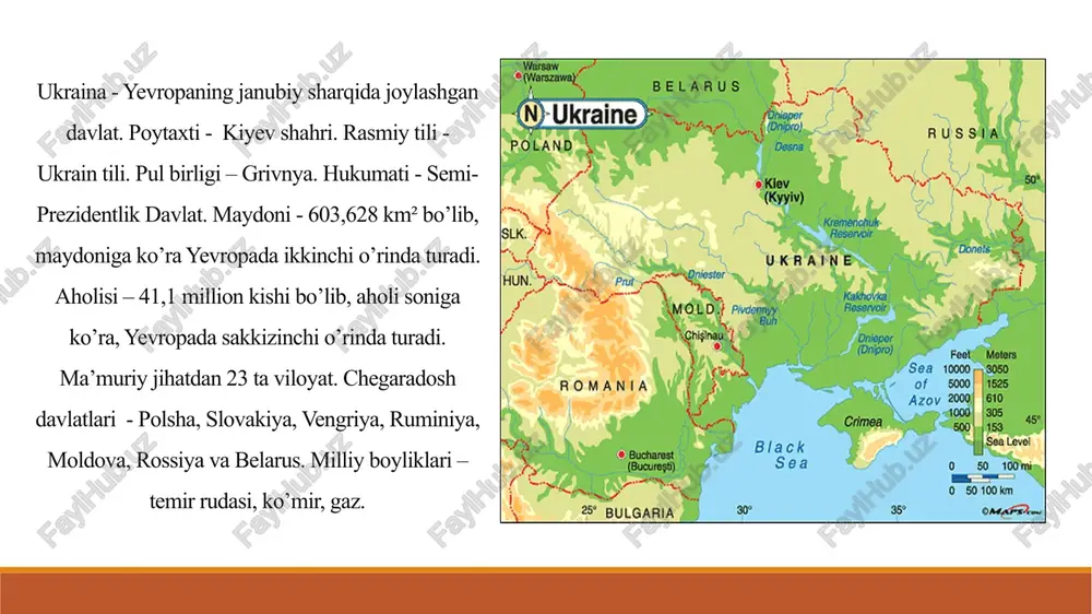 iylik, islom va boshqa dinlarga eʼtiqod qiladi. yirik shaharlari: kiyev, xarkov, odessa, zaporojye, dnepropetrovsk, donetsk, lvov. ukraina hududning asosiy qismi tekislik va butun hududning atigi 5% tog‘li. ukrainadagi ikkita tog'li hududlar karpat tog'lari va qrim tog'laridir, lekin ular juda baland emas. eng baland tog’ - hoverla. uning eng baland nuqtasi 2061 metr. e’tiboringiz uchun rahmat! image2.jpeg image3.gif image4.png image5.gif image6.jpeg image7.jpeg image8.jpeg image9.jpeg image10.png image11.png /docprops/thumbnail.jpeg