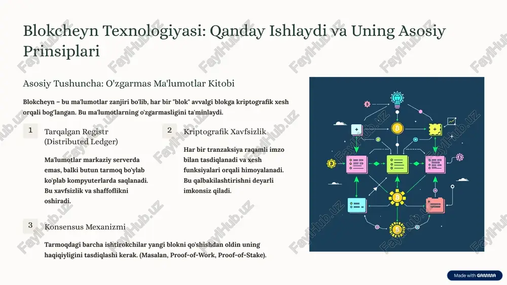 ozor o'zgaruvchanligi kriptovalyuta narxlarining keskin o'zgarishi, investorlar uchun katta moliyaviy xavflarni keltirib chiqaradi. xatar: huquqiy noaniqlik ko'pgina mamlakatlarda, shu jumladan o'zbekistonda ham tartibga solish mexanizmlari hali to'liq shakllanmagan. bu texnologiyalarni joriy etishda ehtiyotkorlik va risklarni boshqarish muhimdir. 7 global tendentsiyalar va kelajakdagi rivojlanish prognozlari defi'ning o'sishi markazsiz moliya platformalari an'anaviy banklarga raqobatchi sifatida tobora kuchaymoqda va qisqa muddatli kelajakda innovatsiyalar uchun asos bo'ladi. tokenizatsiya: haqiqiy aktivlarni (ko'chmas mulk, san'at) raqamli tokenlarga aylantirish. katta kompaniyalarning blokcheynga integratsiyasi: amazon, meta, jp morgan kabi gigantlar o'z loyihalarini faol rivojlantirmoqda. cbdc'lar (markaziy bank raqamli valyutalari) ko'plab davlatlar o'zlarining rasmiy raqamli valyutalarini yaratish imkoniyatlarini o'rganmoqdalar, bu esa moliyaviy tizimni tubdan o'zgartirishi mumkin. metavers (virtual koinot): nft va kriptovalyutalar virtual iqtisodiyot uchun asosiy to'lov vositasiga aylanmoqda. kvarts kompyuterlari tahdidi: kriptografik xavfsizlikka qarshi kvant barqaror blokcheyn yechimlarini izlash dolzarb vazifa. 8 qonunchilik va tartibga solish: xalqaro tajriba va mahalliy yondashuvlar aqsh va yevropa ittifoqi investorlarni himoya qilish, …