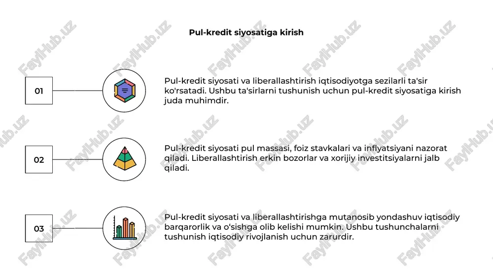 iqtisodiyotga ta'siri chuqur bo'lishi mumkin, bu esa foiz stavkalari, inflyatsiya va valyuta kurslarining o'zgarishiga olib keladi. 02 rivojlanayotgan mamlakatlarda liberallashtirish muammolari bozor islohotlarining mahalliy sanoat, infratuzilma va daromad taqsimotiga ta'sirini o'z ichiga oladi. 03 ushbu iqtisodlardagi hukumatlar liberallashtirish orqali iqtisodiy o'sishni rag'batlantirish va zaif tarmoqlar va aholiga beqarorlashtiruvchi ta'sirlardan himoya qilish o'rtasida muvozanatni saqlashi kerak. pul-kredit siyosati vositalari va ularning iqtisodiyotga ta'siri pul-kredit siyosati iqtisodiyotga ta'sir qilishda hal qiluvchi rol o'ynaydi. foiz stavkalarini o'zgartirish orqali markaziy bank qarz olish, investitsiyalar va xarajatlarga ta'sir qilishi mumkin, bu esa o'z navbatida iqtisodiy o'sishga ta'sir qiladi. liberallashtirish iqtisodiyotni xorijiy investitsiyalar va savdo uchun ochiqligini anglatadi. bu raqobatning kuchayishiga, samaradorlikning oshishiga va yangi bozorlarga kirishga olib kelishi mumkin, bularning barchasi iqtisodiyotga foyda keltirishi mumkin. ochiq bozor operatsiyalari va majburiy zaxiralar kabi pul-kredit siyosati vositalari iqtisodiyotga turli ta'sir ko'rsatishi mumkin. masalan, foiz stavkalarini pasaytirish qarz olish va investitsiyalarni rag'batlantirishi mumkin, ularni oshirish esa inflyatsiyani nazorat …