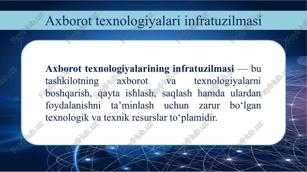 ejalashtirish (erp), mijozlar bilan munosabatlarni boshqarish (crm), korxona samaradorligini oshirishga oid dasturlar va boshqalar. tarmoq: tarmoqqa ulanish, internetga ulanish, tarmoqlar aro ekran va xavfsizlik oxirgi foydalanuvchilar: har qanday at-qurilmaga yoki xizmatga kirish huquqiga ega bo'lgan tarmoq ma'murlari (admin), ishlab chiquvchilar, dizaynerlar va kompaniya xodimlari kabi foydalanuvchilar ham at infratuzilmasining bir qismidir. iqtisodiy masalalarni yechish jarayonida foydalaniladigan axborotlarni kiritish, chiqarish va saqlash zamonaviy qurilmalarning turlari. kompyuterning tizimli bloki elektr ta`minlovchi blok videokarta portlar kengaytiruvchi slot ona platasi protsessor tezkor xotira vinchester disketa uchun diskavod sd (dvd) diskovod 14 protsessor (cpu = central processing unit) – ma`lumotlarni qayta ishlaydigan va barcha kompyuter qurilmalarini boshqaradigan mikrosxema. mapkaziy protsessor quyidagi asosiy bo`limlarga bo`linadi: alq(alu) – arifmetik-logik qurilma bq (uu) – boshqaruv qurilmasi xotira birlamchi ichki xotira ikkilamchi tashqi xotira flesh xotira cd/dvd cd qattiq disk magnit lenta kesh ram rom kompyuterning xotira turlari axborot birliklari o`qilishi birlik qiymati 8 bit 1 bayt bayt kilobayt …