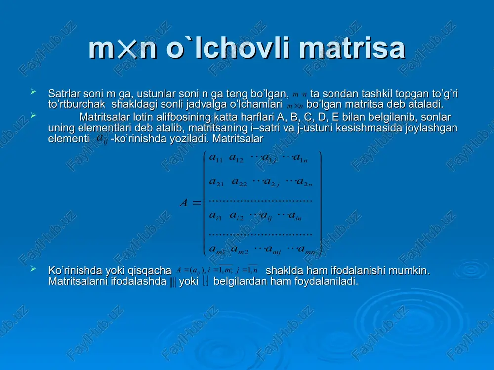 uchun bo’ladi. matrisalar yeg’indisi bir xil o’lchamli va matritsalar yig’indisi deb shunday o’lchamli matritsaga aytiladiki, istalgan va lar uchun -element, tenglik orqali aniqlanadi va matritsalar yig’indisi a+v shaklda belgilanadi, ya’ni s=a+b ikkinchi tartibli matrisaning determinanti ikkinchi tartibli matrisaning determinanti deb quyidagi songa aytiladi: uchinchi tartibli matrisaning determinanti deb quyidagi songa aytiladi. uchinchi tartibli matrisaning determinanti uchinchi tartibli matrisaning determinanti deb quyidagi songa aytiladi: minor determinant aik elementining mik minori deb, bu element turgan qator va ustunni o`chirish natijasida hosil bo`lgan determinantga aytiladi. algebraik to`ldiruvchi determinant aik elementining algebraik to`ldiruvchisi munosabat bilan aniqlanadi. yuqori tartibli matrisaning determinanti kvadrat matrisa uchun shu matrisaning elementlaridan tuzilgan n - tartibli determinantni hisoblash mumkin. bu determinant det a yoki orqali belgilanadi: determinantning asosiy xossalari istalgan va lar uchun (2) tenglik urinli buladi. ya’ni n- tartibli a-matritsa uchun uning barcha yoyilmalari uning determinantining qiymatiga teng bo’lar ekan. 1-xossa. agar a-matritsani biron-bir satridagi (ustunidagi) barcha elementlari nolga …