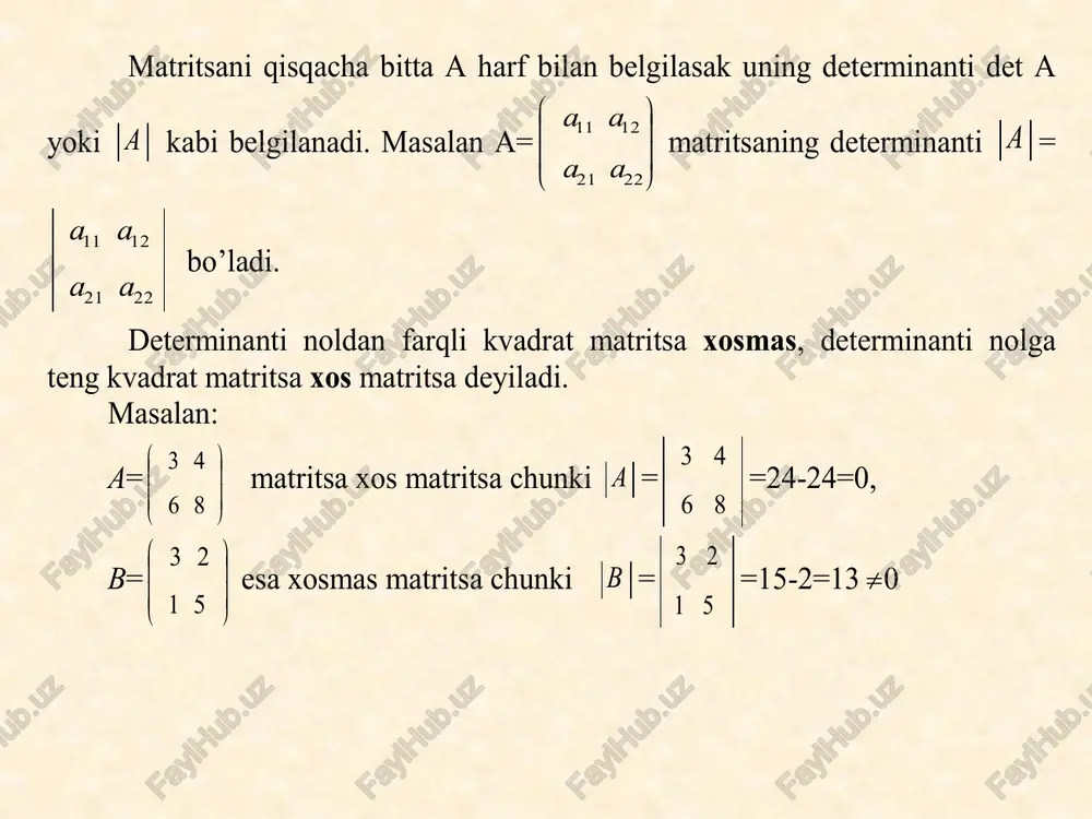      2 4 3 1 3 1 =                2 3 4 3 3 3 ) 1 ( 3 3 3 1 3 =          6 12 9 3 9 3 . 5. matritsalarni ko’paytirish. a =             33 32 31 23 22 21 13 12 11 a a a a a a a a a matritsaning v =           33 32 31 23 22 21 13 12 11 b b b b b b b b b matritsaga ko’paytmasi deb elementlari quyidagicha aniqlanuvchi s = av matritsaga aytiladi av =              …