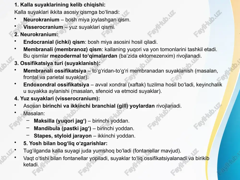 suyagining tashqi yuzasida 2 ta liniya bor. linea temporalis superior – chakka fassiyasi linea temporalis inferior – chakka muskuli yopishadi. peshona suyagi- os frontale havo saqlaydigan suyaklar turkumiga kiradi, vertikal va gorizontal qismi tafovut qilinadi. kalla qopqog’ining oldingi qismini tashkil qiladi. vertikal qismi bu pallasi- squama frontalis gorizontal qismi- pars orbitalis va pars nasalis kiradi. squama frontalisda- facies externa va facies interna mavjud. pars orbitalis- ko’z kosasining yuqori devorini hosil qilishda qatnashadi. pars nasalis- bunda spina nasalis degan o’siqchasi bo`lib, burun to’sig’ini hosil qilishda qatnashadi. foramen supraorbitalis- bundan nervus supraorbitalis o’tib, peshona terisini toki tepa bilan birlashgan qismigacha innervatsiya qiladi. foramen caecum- o’z nomi bilan ko’r teshik, mabodo ochiq bo`lsa, bundan burun venalari o’tadi, bu venalar o’zining qonini yuqorida aytilgan sinuslarga quyadi. xavfli tomoni bunday odamlarda burundan qon kelganda to’xtatish qiyinroq bo`ladi. ponasimon suyak- os sphenoidale 4 ta qismdan iborat: ala major ala minor corpus processus ptrygoideus kichik qanotning 4ta …