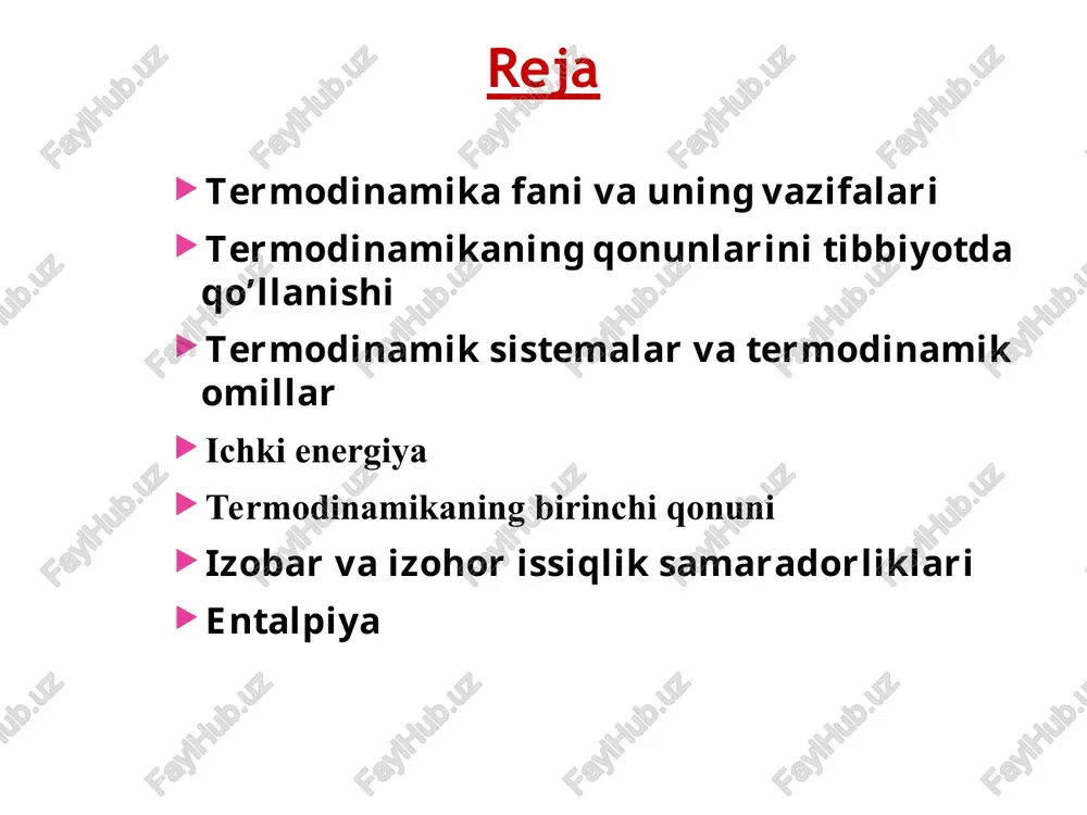 eaksiya davomida ajralgan yoki yutilgan issiqlik miqdori reaksiyaning issiqlik samaradorligi deyiladi. termokimyoviy tenglamalar ekzotermik jarayon: h2 (g) + 1/2o2 (g) = h2o(s) + 284,2 kj, yoki h2 (g) + 1/2o2 (g) = h2o(s) ; h = -284,2 kj endotermik jarayon: 1/2 n2 (g) + 1/2 o2 (g) = no(g) - 180,75 kj, yoki 1/2 n2 (g) + 1/2 o2 (g) = no(g); h = +180,75 kj gess qonuni «reaksiyaning issiqlik samaradorligi (entalpiyasi) dastlabki modda va mahsulotlarining tabiati va holatiga bog’liq bo’lib, reaksiya bosib o’tadigan yo’liga bog’liq emas.» q = q1 + q2 = q3 + q4 + q5 q1 q2 q q3 q5 q4 gess qonunidan xulosalar 1. hd = - hf ; bu erda: hd - moddaning parchalanish entalpiyasining o’zgarishi hf - moddaning hosil bo’lish entalpiyasining o’zgarishi 2. hr0 =  nhf0 (mahs.) -  nhf0 (dastl.) bu erda:  nhf (mahs.) - mahsulotlar hosil bo’lish entalpiyalari o’zgarishining yig’indisi …