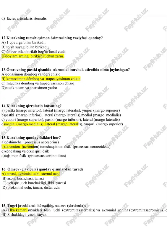 suyagining xirurgik boyini qayerda joylashgan? a) yelka suyagi tanasi va boshi ortasinda b) lateral va medial qirlarortasinda c) diafiz atrofida d) bilakoymasinda e) 25. yelka suyagida tojsimon oyiqsha qayerda joylashgan? a)yelka suyagi bolagiustingi oldida v)yelka suyagi bolagi ustingi ortida s)yelka suyagi tanasi va boshchasi ortasinda d)diafiz boliminda 26. bilak suyaklarin qaysi suyaklar hosil qiladi? a) radiusulna b) humerus costae c) fibula sternum d) vertevraeclaviculae 27 bilak suyagi qanday shaklga ega? a)uchqirli b) silindrsimon c) trapeciyasimon d)noksimon 28.yelka suyagit anasi yuzalarini ayting a) oldingi, ortqi lateral b) mediyal ,ortqi lateral c) dorsal , ortqi lateral d) ichki ortqilateral 29 qaysi suyakta tirsak nervining egati joylashgan? a)tirsak; b)bilak; c)yelka; d)kurak. 23yelka suyagining kop holatda qaysi bolimida suyakning sinishi boladi? a)anatomik boyinchada; b)xirurgik boyinchada; c) travmatologik boyinshada; d)aytilgan barcha hosilalar 24kaft usti suyaklari nechta suyaktan iborat? a) 8-9; b) 10-12; c) 6-7; d) 12-14. 25. pastdagi kaft usti suyagining qaysi biri sesasimon suyakga …