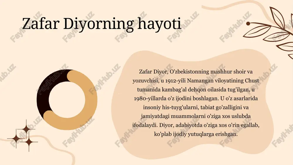xavf o'rtasida muvozanat sifatida tasvirlaydi. zafar diyor inson va tabiatni bir butun sifatida ko'radi. u asarlarida tabiatning inson hayotidagi o'rnini ta'kidlaydi, bu esa o'quvchiga tabiatga bo'lgan hurmatni oshiradi. "e'tiboringiz uchun rahmat." image2.png image2.svg image3.png image4.svg image4.png image6.svg image5.png image8.svg image7.png image6.png image10.svg image8.png image13.svg image10.png image9.png image15.svg image11.png image12.png image1.png /docprops/thumbnail.jpeg