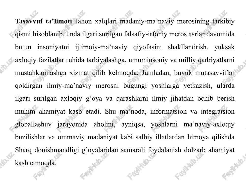 lar sufizm g‘oyasi ostida islom ta’limotida tasavvufning shakllanishiga olib kelgan edi. tasavvuf ta’limotini tadqiq qiluvchi olimlarning fikricha, uning rivojlanish bosqichlarini shartli ravishda uch davrga bo‘lish mumkin: birinchi davr, tasavvufning paydo bo‘lishi, shakllanishi va yoyilishi davri; ikkinchi davr, tasavvuf va islomning uyg‘unlashuvi davri (x-xi asrlar); uchinchi davr, tasavvuf tariqatlarining qaror topishi va tasavvuflarning ommalashuv davri (xii-xv asrlar). tasavvuf ta’limotining yuzaga kelishining yana muhim sabablaridan biri, ko‘p mamlakatlarni birlashtirgan arab imperiyasida fanlarni rivojlantirish, diniy ta’limotni hayotga tatbiq qilish borasida turli xil yondoshuvlarning mavjudligi edi. arab imperiyasi yuzaga kelgach, katta hududdagi turli diniy e’tiqod va madaniyatlarga mansub xalqlarni islom ma’naviyati bilan boshqarish qiyinligi tobora sezilarli bo‘la boshladi. imperiyani saqlab qolish, unda ijtimoiy-siyosiy va iqtisodiy munosabatlarni barqarorlashtirish, yirik davlatni boshqarish usullarini takomillashtirish ehtiyojlari ilm-fanni rivojlantirishni taqozo etdi. islom aqidaparastligi asosida bunga erishib bo‘lmas edi. shuning uchun viii asr oxiri ix asr boshlaridan e’tiboran arab xalifotida mutakallimlar bilan mu’taziliylar o‘rtasida g‘oyaviy kurash kuchaydi. mutakallimlar qur’on …