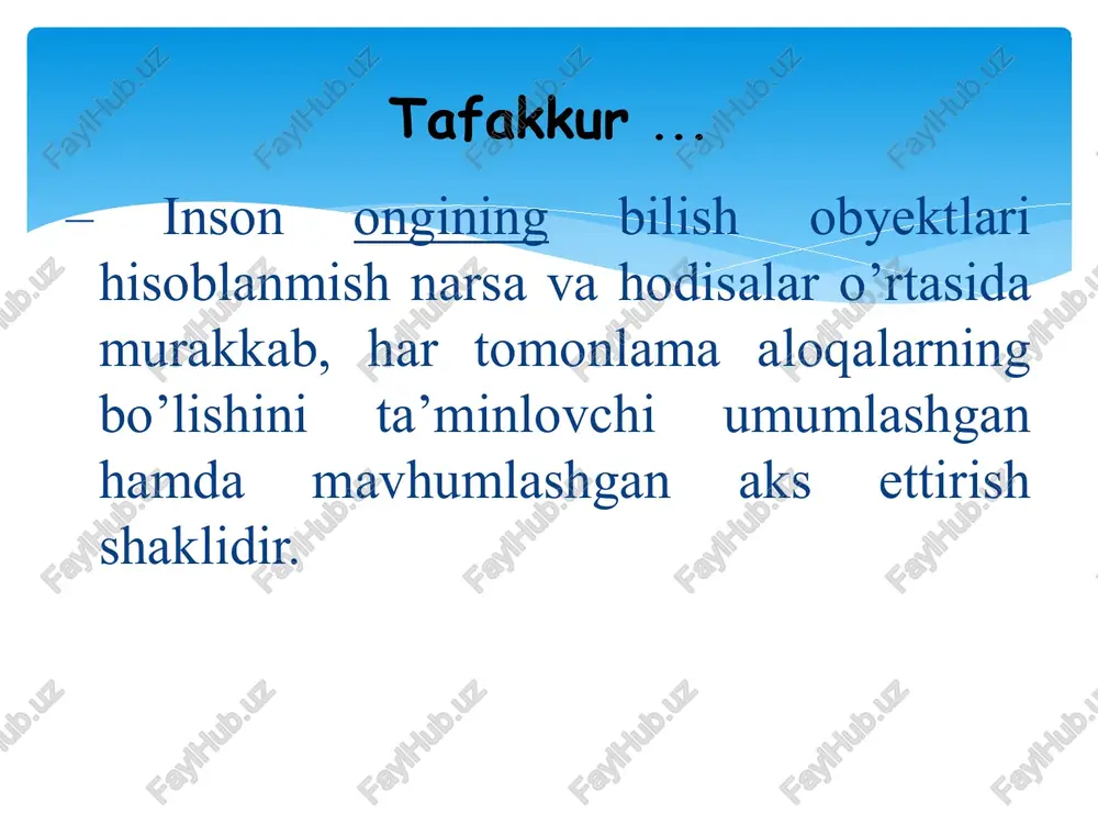 aqat bitta bo’lgandagi fikrlashni nazarda tutsa, divergent tafakkur – fikrning shunday turiki, u shaxsga bir muammo yoki masala yuzasidan birdaniga bir nechta yechimlar paydo bo’lishini taqozo etadi. aynan ana shunday ijodiy tafakkur divergent shaklda bo’lsa, u ijodiy parvoz, yangiliklarni kashf etishga asos bo’ladi. tafakkur turlari... kreaktivlilik yoki tafakkurning kreaktiv turi … – shundayki, u go’yoki yo’q joyda bor qiladi, ya’ni oddiygina, jo’ngina narsalarga boshqacha, birovlarnikiga o’xshamagan tarzda fikrlashga imkon beradi. bunday tafakkur turi “hammaga o’xshab fikrlash” yoki shablonli, zerikarli fikr yuritishdan farq qilib, narsa va hodisalar mohiyatidagi o’ziga xoslik, noyoblik sifatlarini ham anglashga yordam beradi. uchalasini qo’shib, yangi jumlalar tuzish kerak qalam ko’l ayiq tafakkurning predikativ turi … freyd bunday tafakkur turini mantiqiy tafakkurga qarshi qo’ygan edi. chunki uning mohiyati quyidagicha: agar ikkita fikrdagi kesim bir xil bo’lsa, ongsiz ravishda shaxs uning egasini bog’lay boshlaydi. masalan, “aqlli odamlar yozda ko’k choy ichadilar”. “men yozda doimo ko’k choy ichaman”. “demak, men …