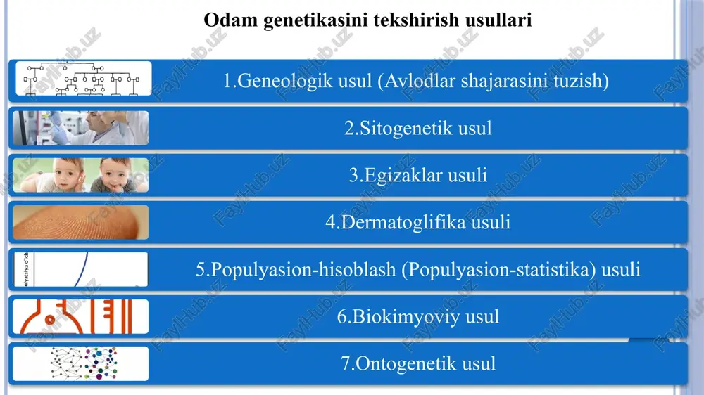 o bir-biridan keskin farq qilmaydilar. demak belgilarning yuzaga chiqishi genotip hisobiga sodir bo’ladi. bu qonuniyatdan tibbiyotda foydalanib kasallikning irsiy yoki irsiy emasligini va tashqi muhitning roli bor yoki yo’qligini bilish mumkin. kasallik genotip hisobiga yuzaga chiqadigan bo’lsa monozigotali egizaklarning birida paydo bo’lgan kasallik ikkinchisida ham kuzatiladi. agar bir xil kasallik ikkala egizakda uchrasa konkardintlik birida uchrab ikkinchisida uchramasa diskordontlik deb aytiladi. o‘rganilayotgan kasallikning qonkordantlik darajasiga karab shu kasallikning paydo bo‘lishida irsiy va tashqi omillar ta’sirini aniqlash mumkin. monozigotali egizaklarda belgilarning kishini xayratda qoldiradigan darajada o‘xshashligi yuzaga keladi. hatto shunday xola ko‘zatilganki, ikkita monozigotali egizaklar, bir xil kasallik (aortaning yorilishi) bilan o‘lgan. shunga ko‘ra, aortaning yorilishi kasalligi irsiy degan xulosa chiqarish mumkin. ammo aniq statistik ma’lumotlarsiz kasallikning paydo bo‘lishini genotipga bog‘lash noo‘rin bo‘ladi. dermatoglifika usuli daktiloskopiya plantoskopiya palmoskopiya palmoskopiya (lotincha palma - palma va yunoncha skopéo - qarash, tekshirish), qo'lning kaft yuzasidagi teri naqshlarining tuzilishini o'rganish. u sud tibbiyotida shaxsiy identifikatsiya …