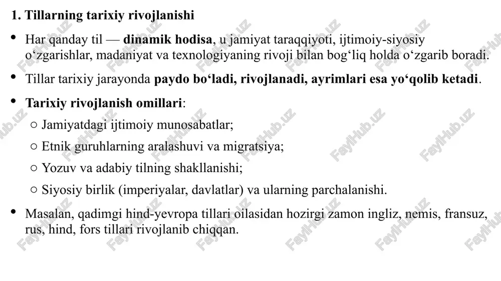 orlardan chetga chiqishi mumkin. misol: o‘zbek tilining farg‘ona shevasi, qashqadaryo shevasi, xorazm shevasi va boshqalar. 4. til – tabiiy belgilar tizimi sifatida til — tabiiy belgilar tizimi, chunki u odamlar tomonidan sun’iy yaratilmagan, balki tabiiy ravishda jamiyat taraqqiyoti jarayonida paydo bo‘lgan. tilning belgilar tizimi sifatidagi xususiyatlari: belgilar (so‘zlar, tovushlar, grammatik shakllar) orqali ma’no ifodalanadi. shartlilik: so‘z va ma’no o‘rtasida tabiiy bog‘liqlik emas, balki jamiyat tomonidan qabul qilingan shartli aloqa mavjud. tizimlilik: tilning har bir elementi boshqa elementlar bilan bog‘liq (masalan, fonetika – leksika – grammatika). 5. til tizimi va uning tuzilishi til murakkab, ko‘p qavatli tizim sifatida qaraladi. fonetik tizim – til tovushlari, urg‘u, intonatsiya. leksik tizim – so‘z boyligi, ma’no tizimi. grammatik tizim – morfologiya va sintaksis: so‘zlarning shakllanishi va gap qurilishi. so‘z yasash tizimi – yangi so‘z hosil qilish usullari. uslubiy tizim – tilning turli vaziyatlarda (ilmiy, badiiy, rasmiy, og‘zaki) qo‘llanishi. til tizimi ierarxik tuzilishga ega: tovush → …