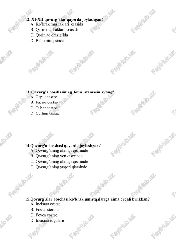 to’sh suyagi qaysi suyaklarga kiradi? 1. yassi 1. govak 1. aralash 1. havo saqlovchi 37. qovurg’a suyagi qaysi suyaklarga kiradi? 1. yassi 1. govak 1. aralash 1. hawa saqlawshi 38. to’sh suyagi necha qismnan turadi? 1. 1 1. 2 1. 3 1. 4 39. to’sh suyagi dastasi lotin atamasin ayting? 1. manubrium sternum 1. corpus sterni 1. sulcus sterni 1. processus sternum 40.to’sh suyagi dastasindagi bo’yintiriq o’ymasi lotin atamasin ayting? 1. incisura jugularis 1. incisura sternum 1. incisura costae 1. incisurae venae 41.to’sh suyagining bo’yintiriq oymasining yon tarafida qanday o’yma bo’ladi? 1. incisura jugularis 1. incisura sternum 1. incisura clavicularis 1. incisurae arteriae 42.qovurg’a oymasi lotin atamasin ayting? 1. incisura costae 1. incisurae sternum 1. incisura jugularis 1. fissure costae 43.to’sh suyagi dastasi tanasi bilan qo’shilib nimani hosil qiladi? 1. corpus 1. tuberculum 1. angulus 1. collum 44. to’sh suyagining lotin atamasin ayting? 1. corpus 1. tuberculum 1. angulus 1. …