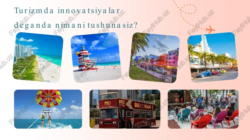 .app/?utm_source=made-with-gamma xulosa: innovatsiyalar orqali barqaror rivojlanish raqamli texnologiyalar, barqarorlik tamoyillari va ta¾lim-industriya hamkorligi o»zbekiston turizmining kelajagini belgilaydi. innovatsiyalar sayyohlar uchun qulaylik, mahalliy iqtisodiyot uchun yangi imkoniyatlar yaratmoqda. raqamli innovatsiyalar barqaror tamoyillar davlat-xususiy hamkorlik ekologik mas¾uliyat o»zbekiston turizm sohasining yangi davrida barqarorlik, innovatsiya va mahalliy rivojlanish birgalikda keladi. investitsiyalar, texnologiyalar va ta¾lim orqali sohaning raqobatbardoshligi oshadi. https://gamma.app/?utm_source=made-with-gamma turizmda innovatsiyalar slayd nomer 1 slayd nomer 2 slayd nomer 3 slayd nomer 4 turizm-sohasida-innovatsiyalar