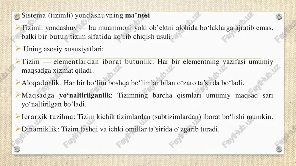qo‘llaniladi. masalan, ishlab chiqarish bo‘limi, marketing bo‘limi va moliya bo‘limi alohida o‘rganiladi. integratsion yondashuv integratsion yondashuv — bu boshqaruvda turli elementlar, bo‘limlar va jarayonlarni yagona tizim sifatida uyg‘unlashtirishga asoslangan metoddir. u qismlarni faqat alohida emas, balki o‘zaro bog‘liqlik va hamkorlikda ko‘rib chiqishni ta’minlaydi. 🔹 mazmuni: turli bo‘lim va jarayonlarni yagona tizimda birlashtiradi. tashkilotdagi resurslar, maqsadlar va vazifalarni uyg‘unlashtiradi. qismlar o‘rtasidagi hamkorlikni kuchaytiradi. 🔹afzalliklari: tizimni yaxlit va to‘liq holda ko‘rish imkonini beradi. resurslardan samarali foydalanishni ta’minlaydi. bo‘limlar o‘rtasidagi ziddiyatlarni kamaytiradi. jamoaviy natijaga erishishni osonlashtiradi. 🔹 kamchiliklari: murakkab boshqaruvni talab qiladi. har bir elementning mustaqil tahlili qiyinlashadi. uyg‘unlashtirish uchun ko‘p vaqt va resurs kerak bo‘ladi. 🔹 qo‘llanilishi:yirik korxonalarda bo‘limlararo hamkorlikni yo‘lga qo‘yishda. davlat boshqaruvi tizimida turli tashkilot va idoralar faoliyatini uyg‘unlashtirishda. innovatsion loyihalarda turli mutaxassisliklarni birlashtirishda. asosiy jihatlar mazmuni ta’rif murakkab tizim yoki jarayonni soddalashtirilgan ko‘rinishda aks ettirish va o‘rganish usuli. maqsadi tizimni yaxshiroq tushunish, tahlil qilish va samarali boshqarish uchun real …