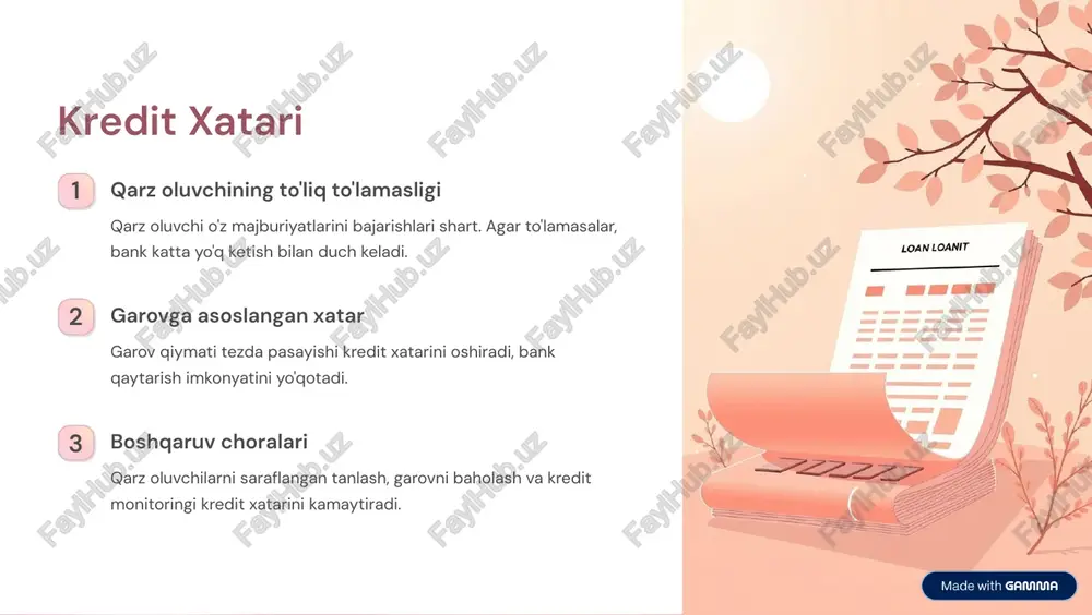 bank faoliyatining kaliti mustahkam boshqaruv barcha xatarlarni samarali boshqarish bank barqaoriga asosi. texnologik taraqqiyot zamonaviy tizimlari xatarlarni erta aniqlash imkoni beradi. talebalarni ta'lim xodimlarning malaka oshirilishi xatalarni kamaytiradi. shaffoflik va javobgarchilik stakeholderlar bilan ishonchli munosabatlar uzun muddatli muvaffaqiyyat kafolatida. ushbu asosiy prinsiplarni qo'llash orqali banklar xavfsiz va barqaror faoliyatini ta'minlashlari mumkin. https://gamma.app/?utm_source=made-with-gamma