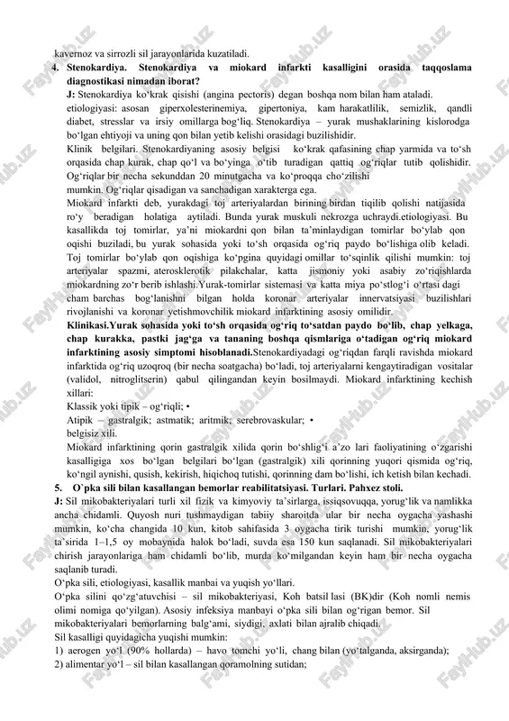 n iborat? j: stenokardiya ko‘krak qisishi (angina pectoris) degan boshqa nom bilan ham ataladi. etiologiyasi: asosan giperxolesterinemiya, gipertoniya, kam harakatlilik, semizlik, qandli diabet, stresslar va irsiy omillarga bog‘liq. stenokardiya – uurak mushaklarining kislorodga bo‘lgan ehtiyoji va uning qon bilan yetib kelishi orasidagi buzilishidir. klinik belgilari. stenokardiyaning asosiy belgisi ko‘krak qafasining chap yarmida va to‘sh orqasida chap kurak, chap qo‘l va bo‘yinga o‘tib turadigan qattiq og‘riqlar tutib qolishidir. og‘riqlar bir necha sekunddan 20 minutgacha va ko‘proqqa cho‘zilishi mumkin. og‘riqlar qisadigan va sanchadigan xarakterga ega. miokard infarkti deb, yurakdagi toj arteriyalardan birining birdan tiqilib qolishi natijasida ro‘y beradigan holatiga aytiladi. bunda yurak muskuli nekrozga uchraydi.etiologiyasi. bu kasallikda toj tomirlar, ya’ni miokardni qon bilan ta’minlaydigan tomirlar bo‘ylab qon oqishi buziladi, bu yurak sohasida yoki to‘sh orqasida og‘riq paydo bo‘lishiga olib keladi. toj tomirlar bo‘ylab qon oqishiga ko‘pgina quyidagi omillar to‘sqinlik qilishi mumkin: toj arteriyalar spazmi, aterosklerotik pilakchalar, katta jismoniy yoki asabiy zo‘riqishlarda miokardning …