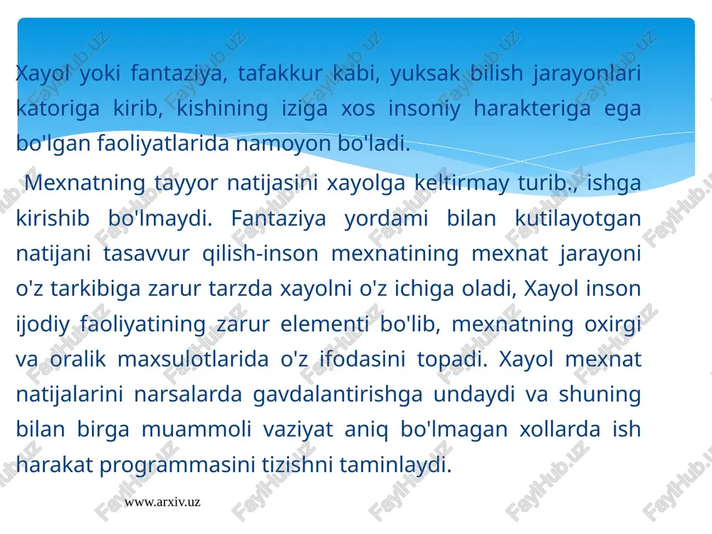 v.uz agar passiv xayolni ixtiyoriy va ixtiyorsiz turlarga bo'lish mumkin bo'lsa, aktiv xayolni ijodiy va qayta tiklovchi xayol turlariga bo'lish mumkin bo'ladi. o’z asosida yozilganlarga muvofiq keladigan obrazlar sistemasini yaratuvchi xayol qayta tiklovchi xayol deyiladi. xox darsliklarni, xox badiiy adabiyotlarni o’qishda, geografik kartani yoki tarixiy tasvirlarni o’rganishda xayol yordami bilan bu kitoblarda, suratlar va xikoyalarda aks ettirilgan narsalarni qayta tiklashga to’ri keladi. www.arxiv.uz bogcha yoshidagi davrda bola xayoli asta-sekin tashqi tayanchga (uyinchoklarga) suyanadigan faoliyatdan sizlar bilan sodda ( chopchaklar toqish, tarixiy vokealarni aytish, she`r toqish) va badiiy ijodiyotni amalga oshirishga imkon beradigan mustaqil, ichki faoliyatga aylana boradi. bolaning xayoli nutqni o’zgartirish munosabati bilan, katta odamlar bilan qiladigan munosabatlari jarayonida rivojlanadi. nutq bolalarga shu paytgacha xech kachon kurmagan narsalarini tasavvur qilish imkonini beradi. shu narsa ayonki, nutq taraqqiyotidan orqada qolish xayolning taraqqiyotiga xam ta`sir va xayolning orqada qolishiga, kambag’allashiga olib keladi. www.arxiv.uz · umumiy psixologiya. t.: o’qituvchi, 1992. – 512 s. …