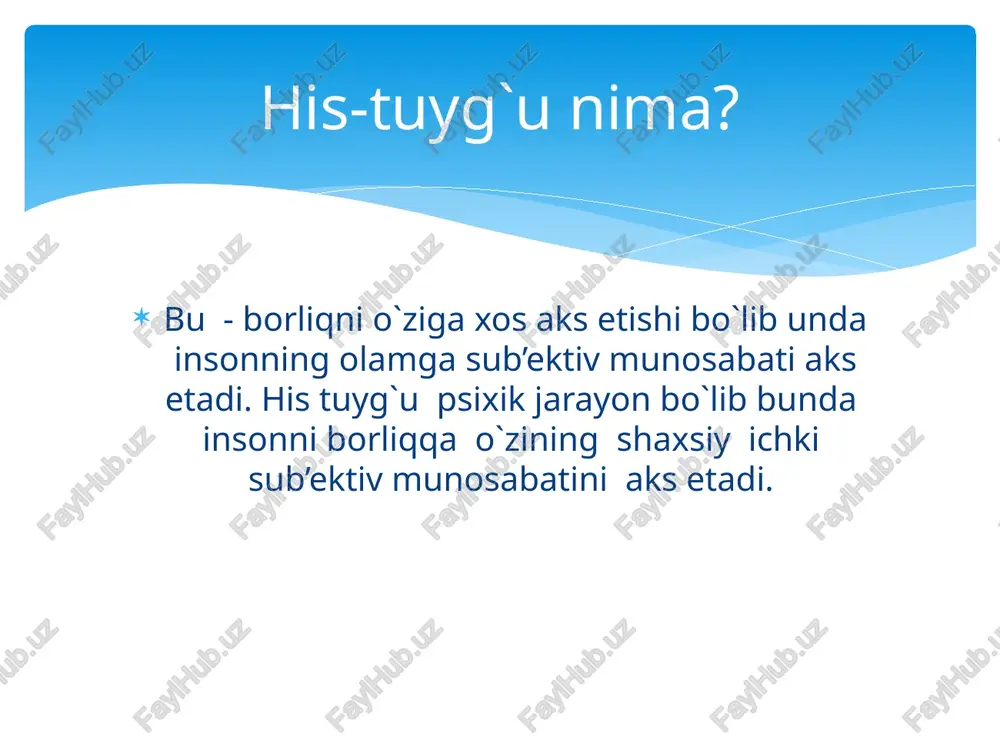 ganlari haqida darak beruvchi signallar sistemasi hisoblanadi. ma’lum qo`zg`alishlar odam uchun xotirjamlik haqidagi signalga aylanadi. qo`zg`alishlar hissiyotlarning boshqaruvchanlik funktsiyasi shunda namoyon bo`ladiki, barqaror kechinmalar bizning xulqimizni yo`naltiradi va qarama-qarshiliklarni engishga undaydi. emotsiyalarni boshqaruvchi mexanizmi kuchli emotsional qo`zg`alishni kamaytiradi. odamlarning hayotida bo`ladigan qayg`u, kulfat kabi psixik holatlar xaflidir. odam ularni boshqarishi lozim. yuqorida bayon etib o`tilganidek hissiyotlarini ifodalanishi ma’lum sinallar vazifasini o`taydi. hissiyot 3 turga bo`linadi: 1) axloqiy hislar; 2) intellektual hislar; 3) estetik hislar. axloqiy hislar - shaxsning, odamlarning va o`zini xulq - atvoriga emotsional munosabatida ifodalanadi. shaxs bu hislarni kechirar ekan, ijtimoiy axloqiy printsiplari va normalariga asoslanib, boshqa odamlarning xatti-harakatlariga yoki psixik xususiyatlariga ham e’tibor beradi, namoyon etadi. intellektual hislar aqliy faoliyat jarayonida hosil bo`ladigan kechinmalarga aytiladi. ushbu hislar haqqoniy fikrlarga, soxta, ajablanarli, shubhali yoki tushunib bo`lmaydigan, hayratda qoldiradigan fikrlarga bo`lgan munosabatlari ifodalanadi. intellektual hislarga ajablanishini kiritish mumkin. ajablanish inson bilish faoliyatining ajralmas tomonidir. ajablangan va qandaydir tushunib bo`lmagan …