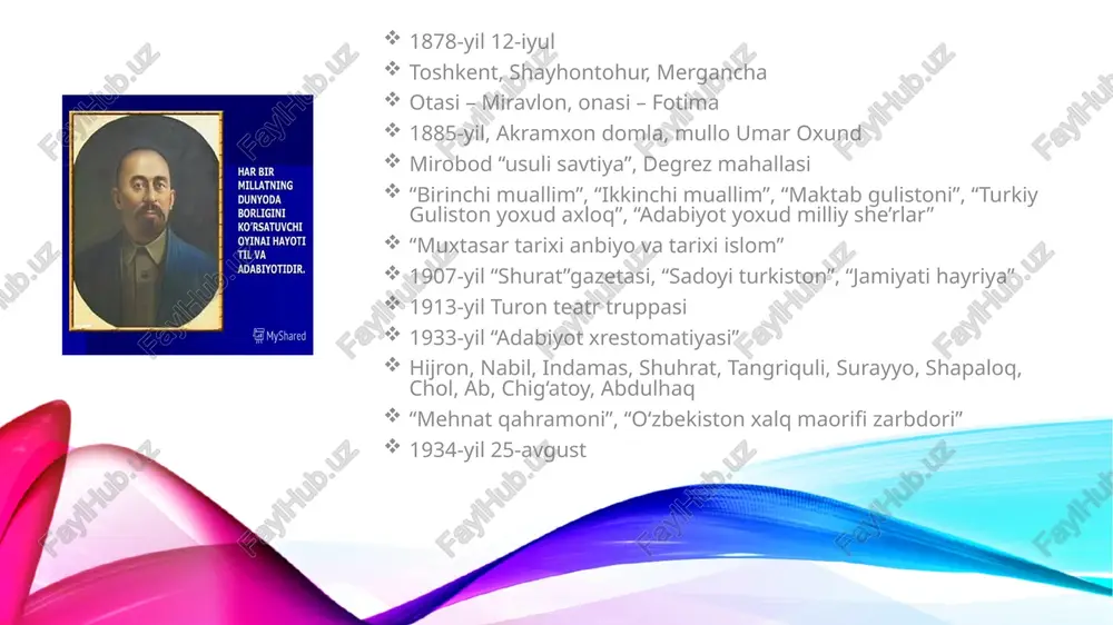 imiy hikoyalar hajman kichik, ammo undan chiqariladigan xulosa ahamiyatli bo‘lib, bular bolalar axloqini shakllantirishdagi ahamiyati masalasiga alohida e’tibor qaratildi. “ikkinchi muallim” darslik 1912-yilda yaratilgan bo‘lib, ikkinchi sinf o‘quvchilariga alifbodan keyin o‘qitilgan.”birinchi muallim”ning mantiqiy davomi bo‘lib, undagi matnlar o‘zining badiiyligi, hayotiyligi, tilining puxta, ravonligi, sodda va samaradorligi bilan ajralib turadi. unda ham ta’lim va tarbiya masalalari yetakchilik qiladi. didaktik xarakterdagiadabiy matnlar berilgan. yana bir tomoni matnlarning oxirida qissadan hissa chiqariladi. muallif darslikka quyidagi misralarni epigraf qilib oladi: shavkati inson erur ilmu adab, e’tibor etmas anga molu nasab. “maktab gulistoni”, “turkiy guliston yoxud axloq”, “adabiyot yoxud milliy she’rlar to‘plami” avvalgi darsliklarning mantiqiy davomi bo‘lib, asosan, usuli jadida maktablarining yuqori sinf o‘quvchilariga mo‘ljallab yozilgan. ular ifodali o‘qishda o‘quvchilarga asosiy qo‘llanma bo‘lib xizmat qilgan. bulardan tashqari abdulla avloniy islom tarixiga oiddarslik-qo‘llanmalar yaratadi. “muxtasar tarixi anbiyo va tarixi islom” risolasi islom dini va payg‘ambarlar tarixi, xususan, muhammad mustafo(s.a.v.)ning siyratlari, yuksak ma’naviyatlarini yoritib beruvchi asar sifatida …
