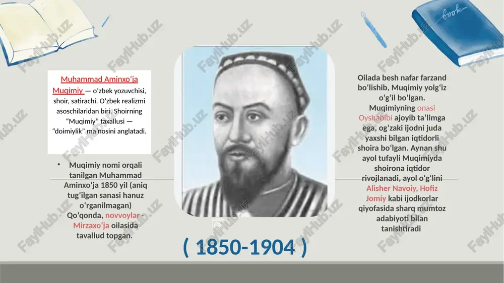 yohatnomasi o'z vaqtida mutaxassislar tomonidan o'rganildi. asar 4 qismni o'z ichiga oladi: qo'qondan shohimardonga: qo'qondan farg'onaga: qo'qondan isfaraga: isfara sayohatidan muqimiyning ushbu asari muallifning safar hisoboti yoki tor shaxsiy kechinmalari majmuasigina bo'lib qolmagan, aksincha, u o'sha mustamlaka tuzumi va ijtimoiy hayotning qator muhim muammolarini tanqidiy nazar bilan tahlil etuvchi badiiy asardir. 8 sayohatnoma — badiiy adabiyotdagi janr. sayohat taassurotlari va tafsilotlari tasviriga bagʻishlangan asar. sayohatnomalarning tarixiy-badiiy qimmati muallif maqsadi, uslubi va mahoratiga bogʻliq. adabiyot tarixida sayohat taassurotlarining nasriy va sheʼriy tasviridan iborat oʻnlab asarlar mavjud. nasriy sayohatnomalarda joy va voqealarning izchil tafsiloti yetakchi oʻrin tutsa, sheʼriy sayohatnomalarda tasvir ixcham va umumlashma harakterda boʻladi. 04 oʻzbek adabiyoti tarixi uchun, asosan, sheʼriy sayohatnomalar harakterlidir. masalan, muqimiyning murabbaʼ shaklida yozilgan "sayohatnoma"si gʻoyaviy-badiiy xususiyatlari bilan bu janrning original namunasi hisoblanadi. qoʻqondan shohimardonga. faryodkim, garduni dun aylar yurak bagʻrimni xun, koʻrdiki, bir ahli funun - charx anga kajraftor ekan. qolmay shaharda toqatim, qishloq chiqardim odatim, …