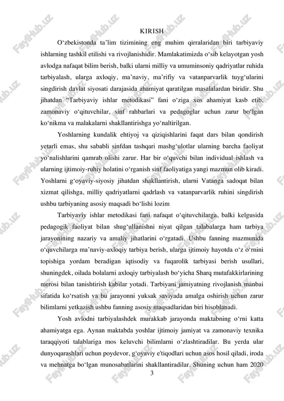 ida”gi qonun ta'lim tizimining kelajagiga ishonsh bilan qarashni ta’minlaydi. bugungi maktab tubdan yangilanmoqda va ta'lim bilan tarbiya yaxlit bir tizimda olib borilmoqda. tarbiyaning esa o‘ziga xos vazifalari, mazmuni, shakl va uslublari mavjud. bugungi kunda yoshlarga barkamol shaxs va vatanining faol fuqarosi sifatida tarbiya berish eng muhim vazifalardan biri hisoblanadi. shunki aynan yoshlar davlatimiz kelajagini belgilaydi. tarbiyaning zamonaviy ahamiyati. bugungi globallashuv davrida yosh avlodni ma’naviy jihatdan yetuk va ijtimoiy faol shaxslar qilib tarbiyalash dolzarb ahamiyat kasb etmoqda. tarbiyaning asosiy vazifalaridan biri – yoshlarni milliy qadriyatlar asosida tarbiyalash va ularning jamiyatda munosib o‘rin topishiga ko‘maklashishdir. shu nuqtayi nazardan, tarbiyaviy ishlarni amalga oshirishda o‘qituvshi va pedagoglarning faoliyatini tartibga soluvshi metodika va usullarga ehtiyoj seziladi. bu fan o‘qituvshilarni o‘quvshi yoshlar bilan ishlashda qanday usul va metodlarni qo‘llash kerakligini, zamonaviy pedagogika talablariga mos ravishda tarbiyaviy faoliyatni qanday olib borishni o‘rgatadi. 5 1-mavzu. tarbiyaviy ishlar metodikasi faning maqsad va vazifalari reja: 1tarbiyaviy ishlarning metodologik asoslari. 1.2.tarbiyaviy …