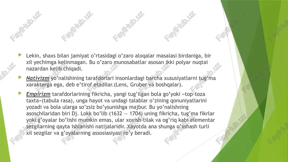 i tanbeh berishi, juda kam hollarda o’zini bebosh tutayotgan o’smirning qo’lidan tutib, nima qilish kerakligini o’rgatib, «ko’zini moshday qilib ochib qo’yish» ijtimoiy sanksiyaning hayotdagi bir ko’rinishidir. har bir alohida shaxs jamiyat tomonidan ishlab chiqilgan va qabul qilingan ijtimoiy normalar va sanksiyalarni u yoki bu ijtimoiy rollarni bajarishi mobaynida xulqida namoyon etadi. rol — shaxsga nisbatan shunday tushunchaki, uning konkret hayotiy vaziyatlardagi xuquq va burchlaridan iborat xarakatlari majmuini bildiradi. ijtimoiy ta’sirlarning shaxs tomonidan anglanishi. «men» — obrazi va o’zini-o’zi baholash. ijtimoiy normalar, sanksiyalar, rollar ijtimoiy mexanizmlar sifatida shaxs xulq-atvorini malum manoda boshqarib, muvofiqlashtirib turishga yordam beradi. lekin insonning komilagi, uning ahloq — ijtimoiy normalar doirasidagi maqbul xarakati uning o’ziga ham bog’liqdir. odamning o’z-o’zini anglashi, bilishi va o’z ustida ishlashi avvalo uning diqqati, ongi bevosita o’ziga, o’z ichki imkoniyatlari, qobiliyatlari, hissiy kechinmalariga qaratilishini taqozo etadi. ya’ni, ijtimoiy xulq-shaxs tomonidan uni o’rab turgan odamlar, ularning xulq-atvorlariga e’tibor berishdan tashqari, o’zining shaxsiy xarakatlari va …