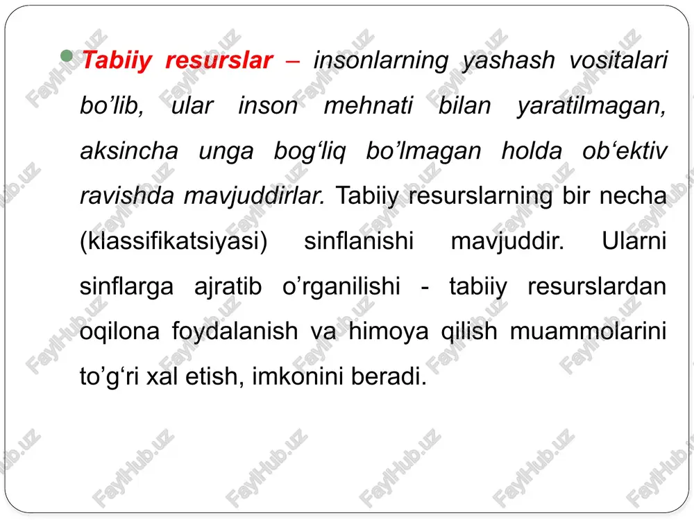 mineral yoqilg‘i resurslari – atom va quyosh energiyasidan foydalanish; 2. almashtirilishi mumkin bo’lmagan –masalan atmosfera havosi (chunki uning tarkibida ma‘lum belgilangan miqdorda kislorod, azot, uglerod oksidi va boshqalar bordir), ichimlik suvi, genetik resurslar (tirik organizmlar turlari). o’zbekistonning qazilma boyliklari va ulardan foydalanish. o’zbekiston respublikasi kelajakda tog‘-kon sanoatini rivojlantirish uchun mustahkam xom ashyo bazasiga egadir. uning hududiga 50 ta kon bo’lib unda 94 tur mineral xom ashyo bordir. hozirgi kunda 33 ta konda nodir metallar va 32 ta konda rangli metallar qazib olinmoqda. 27 ta oltin va kumush konlardan 19 tasi ishlab turibdi, undan 7 tasida faqat oltin qazib olinmoqda. o’rta osiyodagi eng yirik olmaliq tog‘-kon kombinatini, mis-molibdenli va qalay-ruxli konlar ta‘minlab turibdi. ushbu konlar rudalari tarkibida misdan tashqari oltin, kumush, molibden, selen va boshqa elementlar ham mavjud. respublikamizda yana 7 ta volfram konlari, 2 ta qo’rg‘oshin konlari bor, fosforit zaxiralari esa, 100 mln t. fosfor angidridi hisobiga ta‘minlangandir. lekin mavjud …