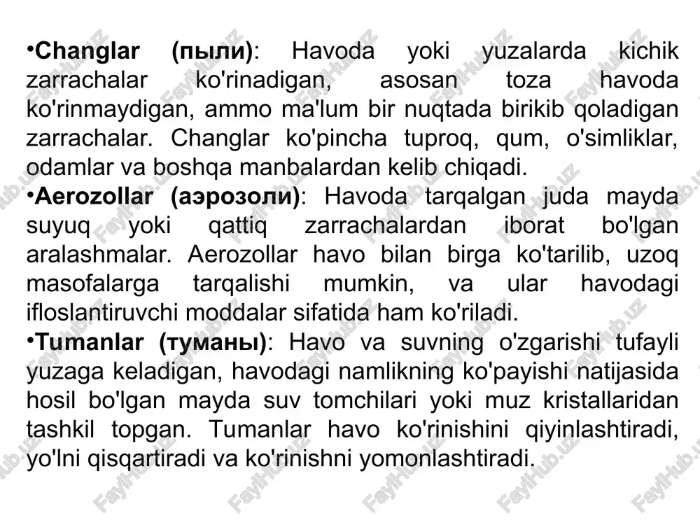 ilik (toksiklik) sinfilari gost 12.1.007-76. davlatlararo standart. mehnat xavfsizligi standartlari tizimi. zararli moddalar. tasniflash va umumiy xavfsizlik talablariga oid qo‘llanma. xavflilik sinfi moddalar 1. o'ta xavfli: b(a)p, v₂o₅, o₃, dioksinlar, simob, ftorvodorod hf 2. yuqori xavfli: h₂s, formaldegid, fenol, sianidlar, xlor, mishyak, natriy, nitritlar, uchuvchan kul (cao ≥ 35%) 3. o'rtacha xavfli: no, no₂, so₂, so₃, cho‘g‘, uchuvchan kul (cao < 35%), nitratlar, fosfatlar, noorganik chang 4. kam xavfli: nh₃, co, ch₄, sulfatlar, xloridlar * atmosfera havosini zararli gazlardan tozalash usullari. atmosferaga tashlanuvchi chiqindi gazlardan tozalashda: adsorbsiya; absorbsiya; xemosorbsiya; katalitik; termik. absorbsiya bu – gaz yoki bug‘larning suyuqlik tomonidan yutilish jarayoni. absorbsiya jarayonida gaz aralashmasidagi komponentlar suyuqlikka o‘tib, unda eriydi yoki kimyoviy reaktsiyaga kirishadi. bu usul kimyo sanoatida, atmosferaga chiqariladigan gazlarni tozalashda va gaz ajratish texnologiyalarida keng qo‘llaniladi. gidrofob (yunoncha hydro – suv, phobos – qo‘rquv) – bu suvni itaruvchi yoki suvda erimaydigan moddalar yoki materiallar xususiyatini ifodalaydi. gidrofil (yunoncha …
