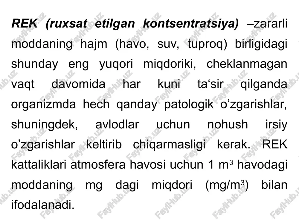 asi havosi uchun rek 1 m3 havodagi moddaning mg. miqdorida (mg/m3) ifodalanadi. ifloslovchi moddaning ishchi zonasi atmosfera havosidagi ttxd (ta‘sirning taxminiy xavfsizlik darajasi) - 3 yil muddatga belgilanadigan vaqtinchalik gigienik me‘yor bo’lib, ushbu muddat davomida rek qayta ko’rib chiqilishi yoki almashtirilishi kerak. ttxd 1 m3 havodagi moddaning mg. miqdorida (mg/m3) ifodalanadi. rek ni ishlab chiqishdagi asosiy usul hayvonlar bilan toksikologik tajriba bo’lib, hayvonlar maxsus bo’lmalarda o’rganilayotgan zaharli moddalarning turli kontsentratsiyalari bilan ta‘sirlanadilar. tajribada an‘anaviy hayvonlar – sichqonlar, kalamushlar, quyonlar, dengiz cho’chqalari ishtirok etadi. toksikologik tajriba olib borish bilan bir vaqtda toksik moddaning miqdorini muntazam nazorat qilish uchun miqdoriy kimyoviy tahlil usuli ishlab chiqiladi. gigienik (tibbiy) normativlardan tashqari 3 ta ekologik normativlar ham mavjud: - atmosfera havosi uchun –ret (ruxsat etilgan tashlama, t/yil); - suvlar uchun –reom (ruxsat etilgan oqava me‘yori, t/yil); -tuproq uchun – chjl (chiqindilarning joylashtirish limitlari). ular tabiatdan foydalanuvchilar hamda tegishli ixtisosdagi ilmiy muassasalar tomonidan ishlab chiqiladi va …