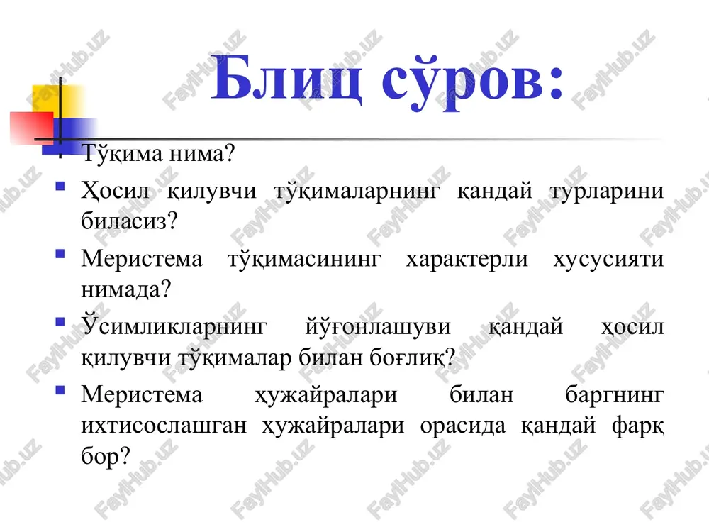 'rsatadigan ob'ektiv orqali qaralganda epiderma hujayralarining qora tirqishli (to'ynuk) devori, ancha katta vakuola, tsitoplazma (odatda leykoplastli) va yadro borligini ko'rish mumkin. epiderma hujayralarida xloroplast yo'q, lekin og'izchaning tutash hujayralari (agar barg kuzda terilgan bo'lmasa) xloroplastga to'la turadi. shu bilan birga, mikroskopda labchaning ikkita yarim oy shaklidagi tutash hujayrasi va ularning o'rtasidagi tirqishini (to'ynugi) aniq ko'rish mumkin. kuzatish natijasini batafsil yozing va epidermaning suratini chizing. ishni bajarish tartibi: og'izcha tuzilishini yanada aniqroq ko'rish uchun tayyor materialdan (gulsafsar bargining ko'ndalangiga kesmasi) foydalaniladi. bargning ko'ndalangiga kesmasidan tayyorlangan preparatdagi og'izchani kattalashtirib ko'rsatadigan ob'ektivda kuzatiladi. ko'pchilik hujayralar orasida ikkita yarim oysimon, o'zining o'tkir uchi bilan bir–biriga tutashgan hujayra ko'rinadi. ular ostida ancha katta hajmdagi havo qatlami joylashgan. ikkita uchi bilan tutash hujayralar orasidagi tirqish og'izchadir. preparat obdon o'rganilgandan so'ng, og'izcha va uning atrofidagi hujayralarning suratini chizib, tavsifi yoziladi. g'o'za bargi tukchalarini tekshirish g'o'za bargidan nina uchi bilan shilib olingan periderma buyum oynasidagi suv tomchisiga joylanadi, …