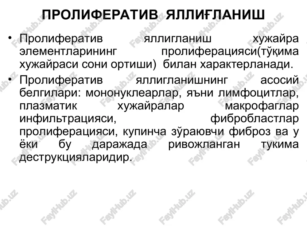 kardiomiotsitlarning katta qismi nekrozga uchragan, erib ketgan (a), miokardning shishgan stromasida gistiotsitlar, limfoid xujayralar, eozinofilli leykotsitlar to'plangan (b). oraliq (interstitsial) proliferativ yallig'lanish o'tkir virusli gepatit. gepatotsitlarning gidropik distrofiyasi va nekrozi (a), kaun-selman tanachalari (b), portal trakti va bo'lak ichi stromasining gistio-limfotsitar in-filtratsiyasi (v). granulematoz yallig'lanish proliferativ yallig'lanishning turi. bu yallig'lanishda qatnashuvchi asosiy xujayralar aktivlashgan makrofaglar (yoki ularning hosilalari) xisoblanadi, asosiy morfologik substrati-granulema. granulemaning morfogenezi 1) shikastlangan to'qima o'chog'ida yosh monotsitar fagotsitlarni to'planishi; 2) bu xujayralarni makrofaglargacha etilishi va makrofagal granulemani hosil bo'lishi; 3) monotsitar fagotsitlar va makrofaglarni etilishi xamda ularni epitelioid xujayralarga transformatsiyasi, epiteli-oid-xujayrali granulemani hosil bo'lishi; 4) epitelioid xujayralarni gigant pirogov-langxans yoki gigant yot tanachalar xujayralariga transformatsiyasi va gigant-xujayrali granulemani shakllanishi. sil granulemasi o'pka jigar sifilitik gumma lepra lepra skleroma toshmali tif granulemasi brutsellez granulemasi aktinomikoz granulemasi alveokokkoz granulemasi granulematoz yallig'lanish granulematoz kasallikda a'zoning katta qismi zararlanishi mumkin. aktiv o'pka silida a'zoning yuqori qismlarida o'zaro qo'shilib ketgan granulemalar ko'rsatilgan. …