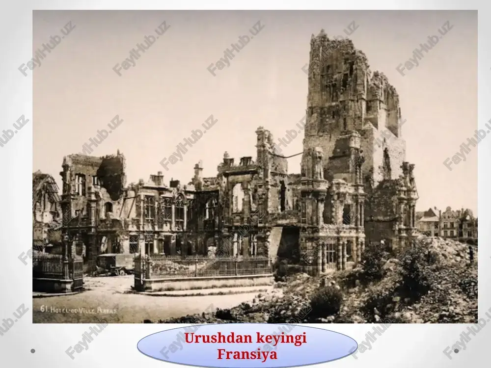 qudratli, yevropa mamlakatlari orasida hal qiluvchi so’zni aytuvchi davlatga aylantirish edi. 1919 – yil noyabr oyida urushdan keyin biqinchi marta parlamentga saylov o’tkazildi. saylovgacha o’ng partiyalar “milliy blok” deb ataluvchi ittifoqqa birlashdi. blokni o’ta o’ng partiyalar – “milliy respublikachilik partiyasi”, “respublikachi – demokratik partiya” – tuzgan edilar. radikallar va respublikachilar partiyalari ularga qo’shilgan. “milliy blok” hukumatini a. milyeran (1859 – 1943) boshqardi. a. milyeran hukumati, yirik kapital xohishi o’laroq, 8 soatlik ish vaqti joriy etish to’g’risidagi qonunni amalda joriy etishga to’sqinlik ham qildi. soliqlar yukini kamaytirmadi. ish haqi oshirilishi haqidagi talablarga qarshilik ko’rsatdi. bunday siyosat mamlakatda kuchli ish tashlash harakati avj olishiga olib keldi. 1919 – yilda bu harakatlarda 1,2 mln. dan ortiq ishchi qatnashdi. 12- prezident maqsad “milliy blok”ning maqsadi inqilobiy harakatni bostirish, germaniyaning urushda mag‘lubiyatga uchraganligidan ko‘proq foydalanib, yevropada fransiya gegemonligini o‘rnatish, mustamlakalarni yanada kengaytirish va ularni talash edi. “milliy blok” mayda va o‘rta burjuaziya saylovchilarini inqilob xavfi …