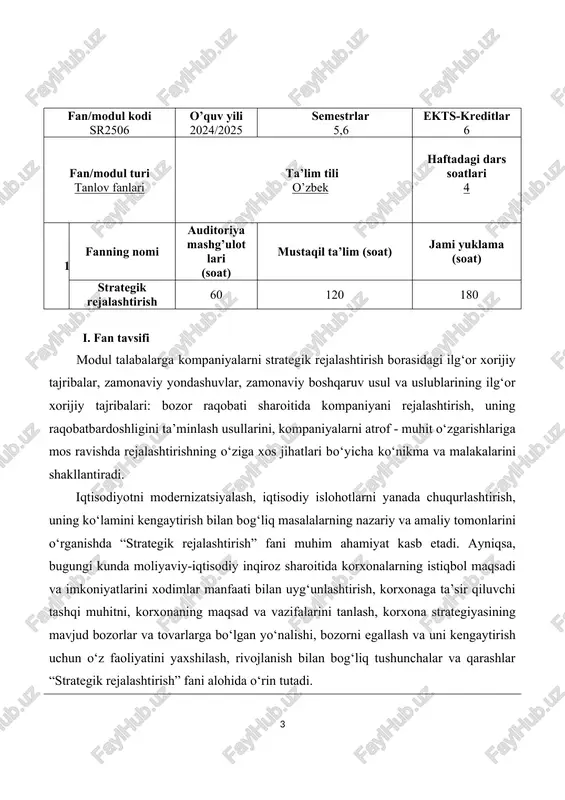 - har qanday sohada korporatsiya duch kelishi mumkin bo‘lgan bir qator biznes muammolarini tushunadi ; - bunday muammolarni bartaraf etish uchun mavjud bo‘lgan bir qator strategik echimlar ustidan fikr yurita oladi; - korxonada menejer faoliyatini oqilona tashkil etish nima ekanligini anglaydi. - korxonada samarali boshqaruv faoliyatini tashkil etish chora-tadbirlarini ishlab chiqish ko‘nikmasiga ega bo‘ladi. - talabalarga o‘zlarini rivojlantirishga va yuzaga keladigan aks ta’sirlarning oqibatlarini kamaytirish yullarini tahlil qila oladi. iv. ta’lim berish usullari 1. real vaziyatga asoslangan amaliy ishlarni bajarish; 1. esse, tezis va maqolalar yozish; 1. vaziyatli topshiriqlarni (keys-stadi) echish; 1. jarayonli-yo‘naltirilgan ta’lim; 1. muhokamalarda ishtirok etish; 1. kichik guruhlarda ishlash; 1. loyiha ishi bajarish; 1. mustaqil ishlarni bajarish; 1. taqdimot tayyorlash; 1. turli darajadagi testlarni echish; 1. so‘rov o‘tkazish; 1. muammoni hal qilish. v. fanning tarkibiy tuzilishi: asosiy nazariy qism ma’ruza mashg’ulotlari 1-mavzu. strategik rejalashtirishning mohiyati va vazifalari 2-mavzu. strategik rejalashtirishning ob’ektlari 3-mavzu. strategiyali rejalashtirishning sub’ektlari 4-mavzu. strategik …
