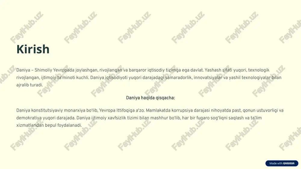 ko‘ra, ikki davlat o‘rtasidagi savdo hajmi hali katta emas, ammo istiqbollari yuqori. ta’lim va innovatsiyalar: daniya universitetlari o‘zbekiston bilan akademik almashinuv va grant dasturlarini amalga oshirmoqda. yashil texnologiyalar, raqamli transformatsiya va startaplar sohasida o‘zaro tajriba almashuvi kuchaymoqda. yevropa ittifoqi orqali hamkorlik: daniya yevropa ittifoqining faol a’zosi sifatida o‘zbekiston bilan mintaqaviy barqarorlik, inson huquqlari va barqaror rivojlanish sohalarida hamkorlikni qo‘llab-quvvatlaydi. 13 xulosa daniya iqtisodiyoti barqaror va yuqori rivojlangan iqtisodiyot. asosiy ustunliklar yuqori texnologiyalar va barqaror rivojlanish. istiqbollar davomiy iqtisodiy o'sish va yashil o'tish. 14 1. o‘zbekiston respublikasining iqtisodiyoti va tashqi aloqalar bo‘yicha o‘zbekiston respublikasi statistikasi. tashqi savdo va iqtisodiy o‘sish dinamikasi. tashkent, 2023. 2. islomov s. iqtisodiy o‘sish va yaim: statistik analiz. o‘zbekiston davlat statistika qo‘mitasi, 2022. 3. qodirov a. o‘zbekiston va daniya o‘rtasidagi iqtisodiy aloqalar. xalqaro aloqalar va tashqi savdo, 2023. 4. toshmatov m. daniya iqtisodiyoti: 2023-2024 yillardagi tendensiyalar va prognozlar. iqtisodiyot va menejment, 2024. 5. yusufov sh. statistik ko‘rsatkichlar …