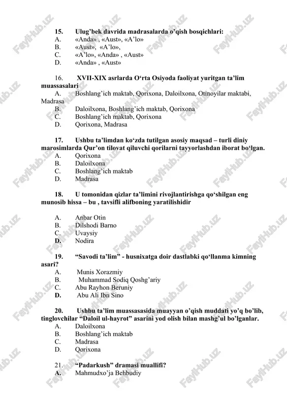 ssiyasida b. o‘zbekiston ssr oliy sovetining 1924 yil 1 oktyabrdagi sessiyasida c. o‘zbekiston ssr oliy sovetining 1944 yil 1 oktyabrdagi sessiyasida d. o‘zbekiston ssr oliy sovetining 1991 yil 1 oktyabrdagi sessiyasida 24. “buyuk didaktika ” asarini kim yozgan? a) ya.a. komenskiy b) i. t. pestolossi c) k.d. ushinskiy d) aristotel 25. “pedagogika bola tarbiyasining fani demakdir” ta’rif kim tomonidan berilgan? a) abdulla avloniy b) h.h.niyoziy c) abduqodir shakuriy d) ishoqxon ibrat 26. “inson kamolatida uch narsa – irsiyat, muhit, tarbiya muhim rol o‘ynaydi” degan fikrni ilk bor ilgari surgan sharq mutafakkiri kim? a) abu rayhon beruniy b) abu nasr forobiy c) abu ali ibn sino d) yusuf xos hojib 27. “qobiliyatni tarbiya qilmaslik zulmdir va qobiliyatsizga tarbiya hayf”. mazkur fikrning muallifi kim? a) alisher navoiy b) kaykovus c) ahmad yugnakiy d) saidahmad siddiqiy 28. «takrorlash bilimning onasidir». ushbu ibora qaysi pedagog olimning fikri? a) ushinskiy b) shakuriy c) komenskiy d) …