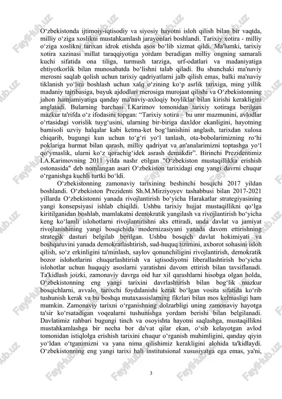 stonning eng yangi tarixini tizimli, haqqoniy va xolis tarzda o‘rganishni tashkil etish, yangi avlod ilmiy va o‘quv-uslubiy adabiyotlarni yaratish hamda mamlakatimizning dunyodagi o‘rni va rolini ko‘rsatishga qaratilgan qator vazifalar qo‘yilgan. mazkur hujjatda ko‘rsatilgan vazifalarni bir-birini to‘ldiruvchi ikki yo‘l orqali ro‘yobga chiqarish lozim. birinchi yo‘l – yangi avlod ilmiy va o‘quv adabiyotlarini yaratish. ikkinchi yo‘l – mavjud bilimlarni yoshlarga targ‘ib etish va o‘qitish. mazkur qarorda belgilanganidek, institut va kengash a’zolari qator rejalar, amalga oshirilishi zarur bo‘lgan masalalarga jiddiy kirishgan. unda siyosat, iqtisod, madaniyat, ijtimoiy hayotning barcha sohalarida sodir bo‘layotgan voqealar asosida o‘zbekistonning eng yangi tarixini o‘rganish bo‘yicha kompleks yondashuvni ta’minlash inobatga olingan. ushbu vazifalarning ilmiy idrok etilishi va hal qilinishi muayyan darajada tarix fani mavjud tushuncha-metodologik arsenalining tanqidiy tahlili va tegishli tarzda o‘zbekistonning eng yangi tarixiga oid turli voqealarni tadqiq etish bilan shug‘ullanayotgan barcha ilmiy yo‘nalishlarning nazariy salohiyati yangilanishi bilan bog‘liqdir. o‘zbekistonning eng yangi tarixi - bu tarix fanining nisbatan yangi …