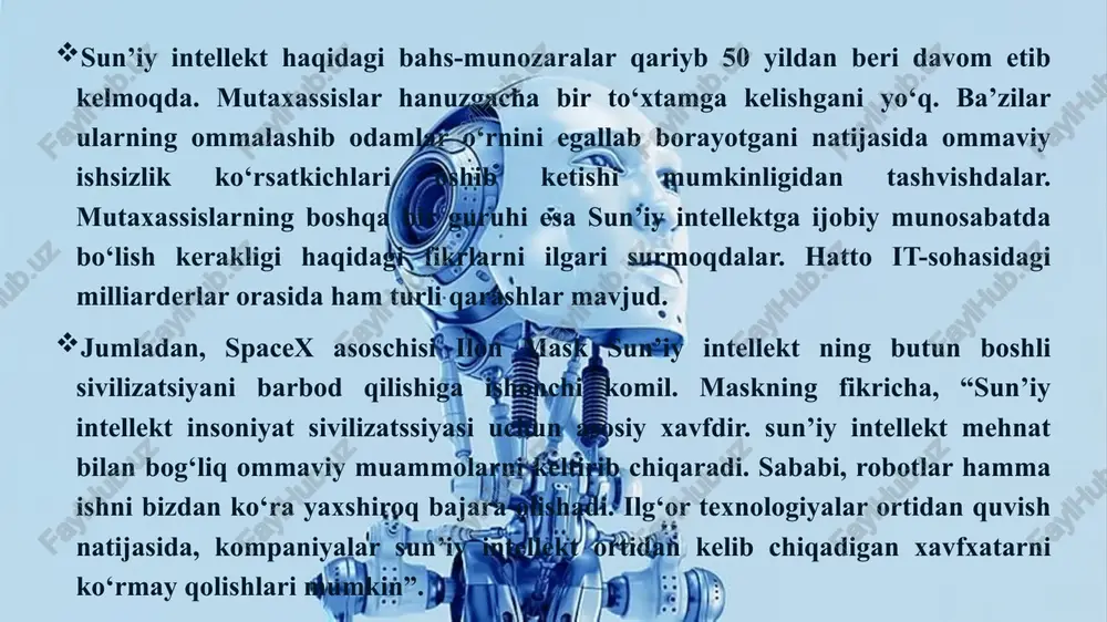 ishlashda davlat organlarining samaradorligini oshirish uchun sunʼiy intellekt texnologiyalaridan keng foydalanish; -foydali texnologik yechimlarni ishlab chiqish boʻyicha fundamental va amaliy ilmiy tadqiqotlarni oʻtkazish va ularni keyinchalik tijoratlashtirishni ragʻbatlantiruvchi sunʼiy intellekt sohasida innovatsion ishlanmalarning mahalliy ekotizimini yaratish; -sunʼiy intellekt texnologiyalarini qoʻllovchi dasturiy taʼminot ishlab chiquvchilariga raqamli maʼlumotlardan foydalanish uchun sharoit yaratish, shuningdek, davlat organlari va tashkilotlarining tegishli maʼlumotlarini tezkor raqamlashtirishni taʼminlash; -sunʼiy intellekt sohasidagi ilmiy ishlar va ishlanmalarning investitsion jozibadorligini shakllantirish, shu jumladan, tovarlarning (ish va xizmatlarning) ichki va tashqi bozorlarda raqobatbardoshligini oshirish; -mahalliy korxonalar va mutaxassislarning sunʼiy intellekt sohasidagi axborot resurslari va bilimlardan foydalanish imkoniyatini taʼminlash, shuningdek, zarur taʼlim muhitini rivojlantirish; -qoʻshma xalqaro tadqiqot faoliyatini amalga oshirish, kadrlar tayyorlash va ularning malakasini oshirish, respublikamizning nufuzli reytinglar va indekslarda pozitsiyasini yaxshilash maqsadida sunʼiy intellekt va uni qoʻllash texnologiyalari sohasida xalqaro hamkorlikni rivojlantirish va boshqa vazifalar belgilab berilgan. shuningdek, joriy yilning 13-avgust sanasida o‘zbekiston respublikasi prezidenti sun’iy intellekt va it sohasidagi startap …