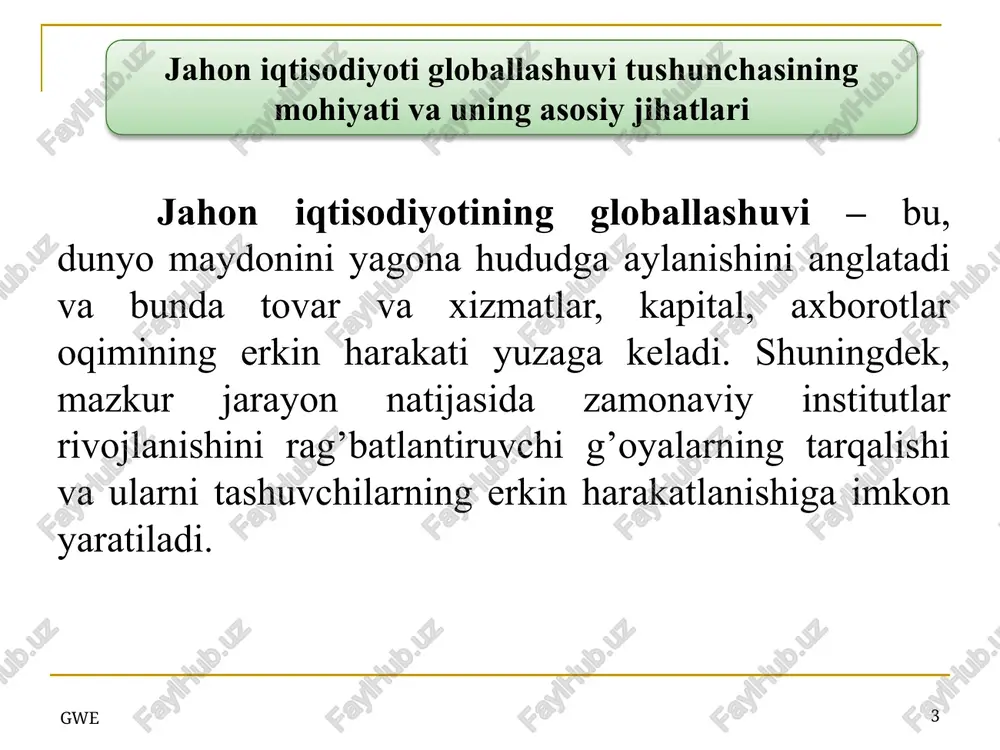 va siyosiy munosabatlarning yangi tizimini shakllanishiga kuchli turki berdi. birinchidan, globallashuv mamlakatlar oʻrtasidagi iqtisodiy masofani qisqartiruvchi aloqa vositalari va transport sohasida ilmiy-texnik taraqqiyotni jadallashuvini, xalqaro mehnat taqsimotining chuqurlashuvini hamda dunyo rivojlanishining ob’ektiv omillarini yuzaga keltiradi. gwe 10 globallashuv jarayonining asosiy manbalari, omillari va rivojlanish bosqichlari gwe 11 globallashuvning ikkinchi manbasi – protektsionizm siyosatini cheklashga sabab bo’luvchi va jahon savdosini erkin qiluvchi savdoning liberallashuvi hamda iqtisodiy liberizatsiyaning boshqa shakllaridir. baynalmilallashuv jarayonining uchinchi manbasi va globallashuvning asosiy manbalaridan biri transmilliylashuv hodisasi boʻldi. ushbu holatda transmilliy kompaniyalar etakchi kuch sifatida namoyon boʻladi va ular bir vaqtning oʻzida baynalmilallashuv jarayonining asosiy ishtirokchilari hisoblanadi. gwe 12 globallashuv jarayonining manbalari birinchi manba xalqaro mehnat taqsimoti fan-texnika taraqqiyoti ikkinchi manba iqtisodiyot liberallashuvi protektsionizmni cheklash va savdoni erkinlashtirish uchinchi manba transmilliylashtirish jarayonining kuchayishi ttxi hajmining ortishi xizmatlar ko‘rsatish sohasining rivojlanishi gwe 13 zamonaviy transmilliy korporatsiyalar, oldingi ishlab chiqarishga ixtisoslashgan tmklardan farqli ravishda, asosan axborot va moliyaviy bozorlarda faoliyat …