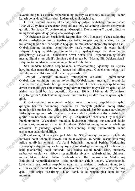 zimiga 1989-yilda saylanishi bu sohadagi adolatsizliklarga barham berishiga olib keldi, adolat tiklandi. i. karimov xalq xohish-irodasini bajarib, o’zbek tiliga davlat tili maqomini berish ishiga boshchilik qildi. 1989-yil 21-oktabrda respublika oliy kengashi o’zbekistonning davlat tili haqida qonun qabul qildi. siyosiy, iqtisodiy, ijtimoiy va madaniy hayotning barcha sohalarida o’zbek tili to’la amal qilishi qonunlashtirildi. bu qonunning qabul qilinishi mamlakatimizning mustaqillik sari tashlagan birinchi qadami bo’ldi. 90-yillarning boshlariga kelib o’zbekistonda xalqning mustaqillika erishishidan iborat azaliy orzusini amalga oshirish kun tartibidagi bosh masala bo’lib qoldi. mamlakatda shunday vaziyat vujudga keldiki, bir tomondan, “zo’rovonlikka asoslangan, ma’muriy-buyruqbozlikka xos bo’lgan markazlashgan davlat saqlanib qoladimi yoki demokratik jarayonlar chuqurlashishi evaziga ittifoqdagi respublikalar suvereniteti ta’minlanadimi, degan masala dolzarb bo’lib qoldi. ikkinchi tomondan, o’sha davrdagi markaziy davlat rahbariyati mamlakat ichkarisidagi vaziyatni to’g’ri baholay olmadi, milliy respublikalarda mustaqillikka erishish tobora kuchayib borayotganining oldini ololmay qoldi. 1990-yil boshida o’zbekistonda boshqaruvning prezidentlik shakli masalasi ko’tarildi. respublikada boshqaruvning shunday shaklining joriy etilishi, avvalo, siyosiy, …