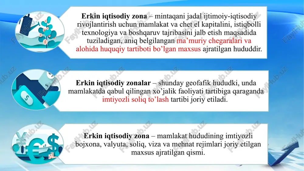 75 07.08.2017 2017-2019 yillarda «urgut», «g‘ijduvon», «qo‘qon» va «xazarasp» erkin iqtisodiy zonalarining transport, ishlab chiqarish va muhandislik-kommunikatsiya infratuzilmalarini jadal rivojlantirish chora-tadbirlari to‘g‘risida № 341 02.06.2017 «nukus-farm», «zomin-farm», «kosonsoy-farm», «sirdaryo-farm», «boysun-farm», «bo‘stonliq-farm» va «parkent-farm» erkin iqtisodiy zonalarini tashkil etish to‘g‘risida № pf-5032 03.05.2017 erkin iqtisodiy zonalar faoliyatini tashkil etish chora-tadbirlari to‘g‘risida № 196 10.04.2017 o‘zbekiston respublikasi hukumatining ayrim qarorlariga o‘zgartirishlar kiritish, shuningdek ba’zi qarorlarini o‘z kuchini yo‘qotgan deb hisoblash to‘g‘risida (o‘zbekiston respublikasi prezidentining «erkin iqtisodiy zonalar faoliyatini faollashtirish va kengaytirishga doir qo‘shimcha chora-tadbirlar to‘g‘risida» 2016 yil 26 oktyabrdagi pf-4853-son farmoni) № 155 25.03.2017 o‘zbekiston respublikasining erkin iqtisodiy zonalarida import o‘rnini qoplaydigan va eksportga mo‘ljallangan mahsulotlar ishlab chiqarishni yanada kengaytirish chora-tadbirlari to‘g‘risida № 110 27.02.2017 «urgut», «g‘ijduvon», «qo‘qon» va «hazorasp» erkin iqtisodiy zonalarini tashkil etish to‘g‘risida № pf-4931 12.01.2017 erkin iqtisodiy zonalar faoliyatini yanada takomillashtirish va samaradorligini oshirish chora-tadbirlari to‘g‘risida № 418 29.12.2016 erkin iqtisodiy zonalar faoliyatini faollashtirish va kengaytirishga doir qo‘shimcha …